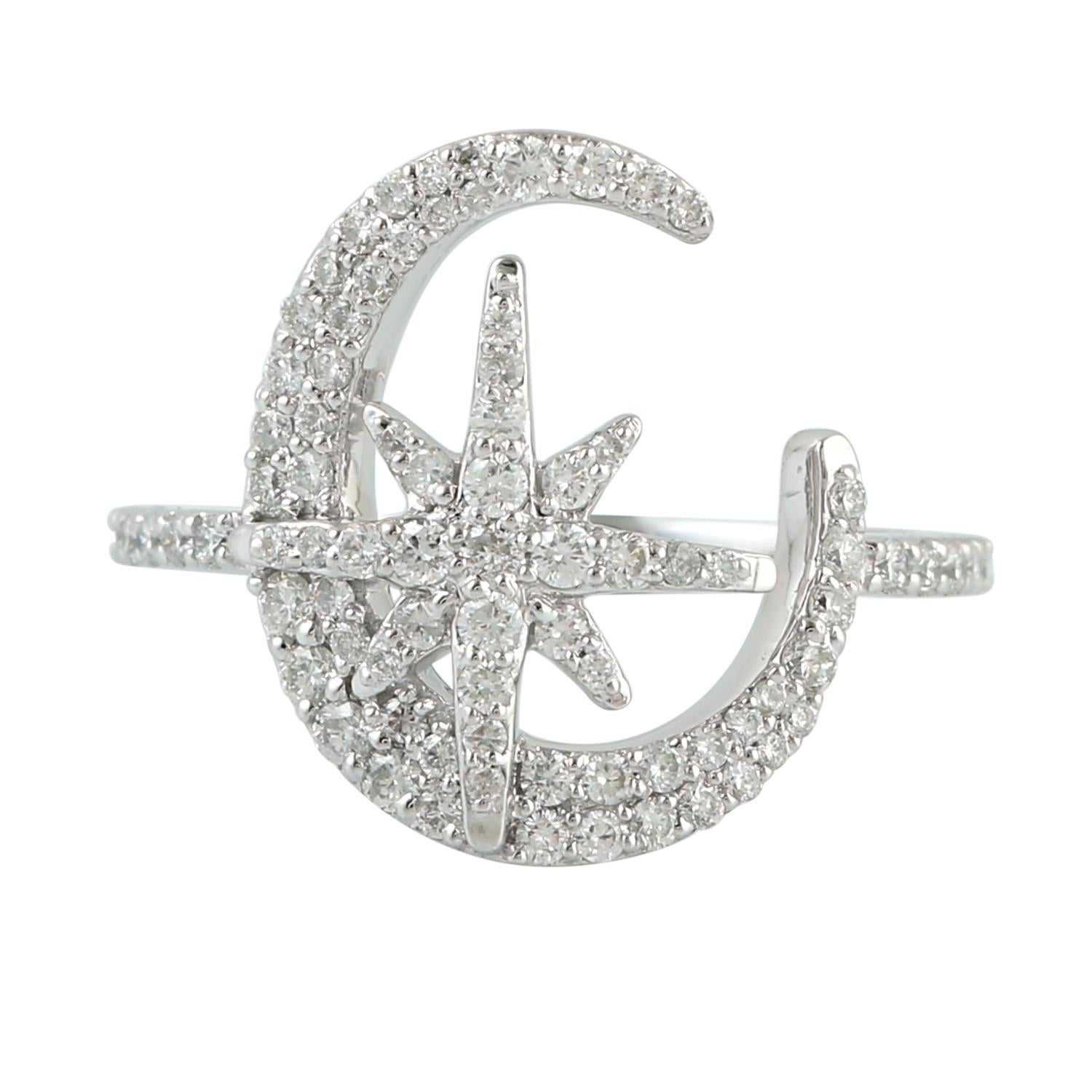 Single Cut Star Moon Diamond 14 Karat Gold Ring For Sale