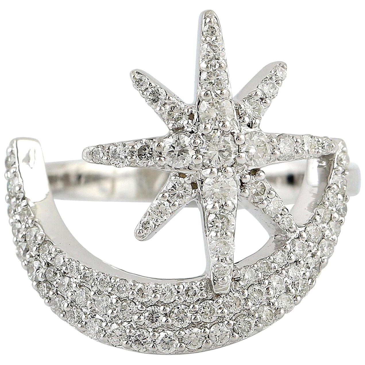 For Sale:  Star Moon Diamond 14 Karat Gold Ring