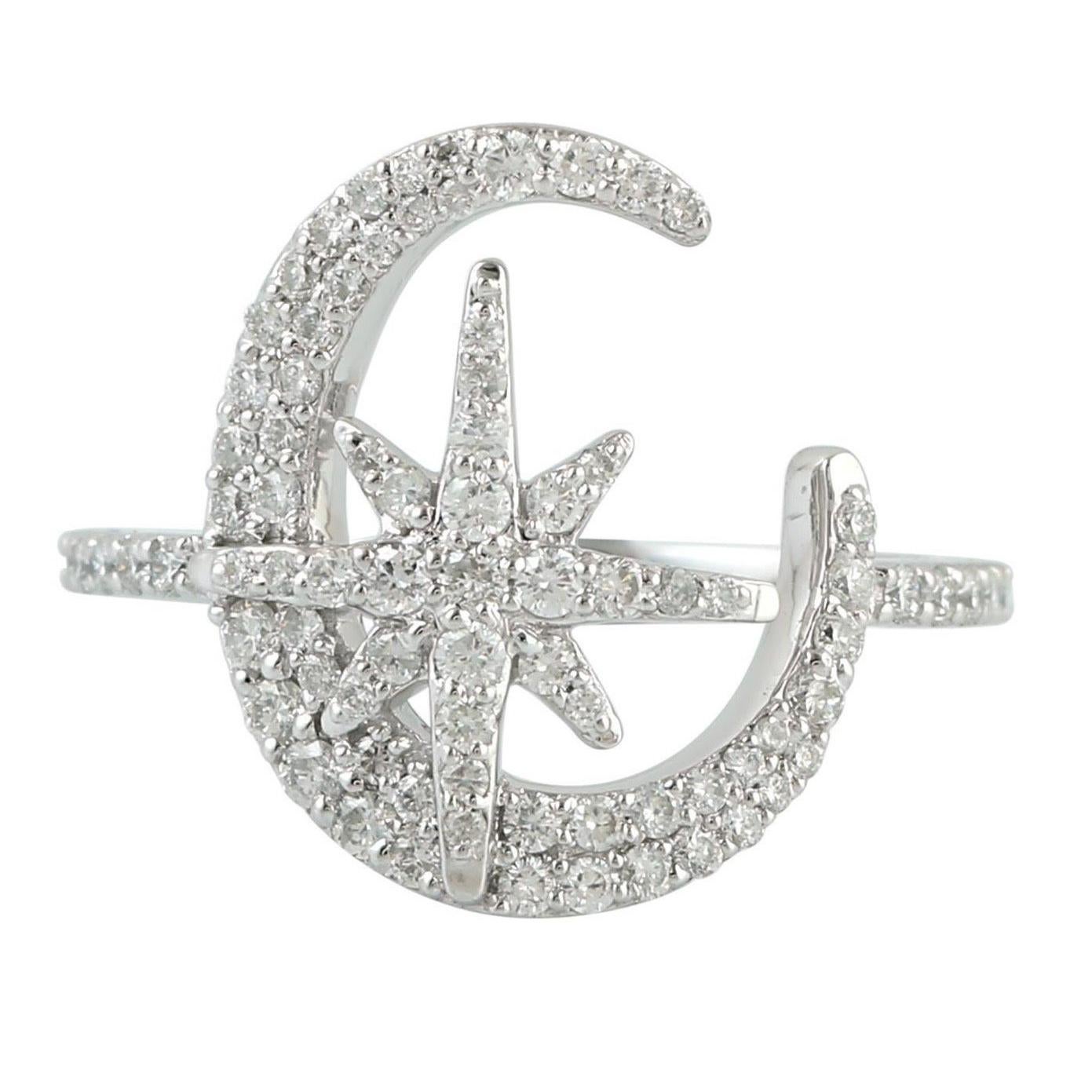Star Moon Diamond 14 Karat Gold Ring For Sale