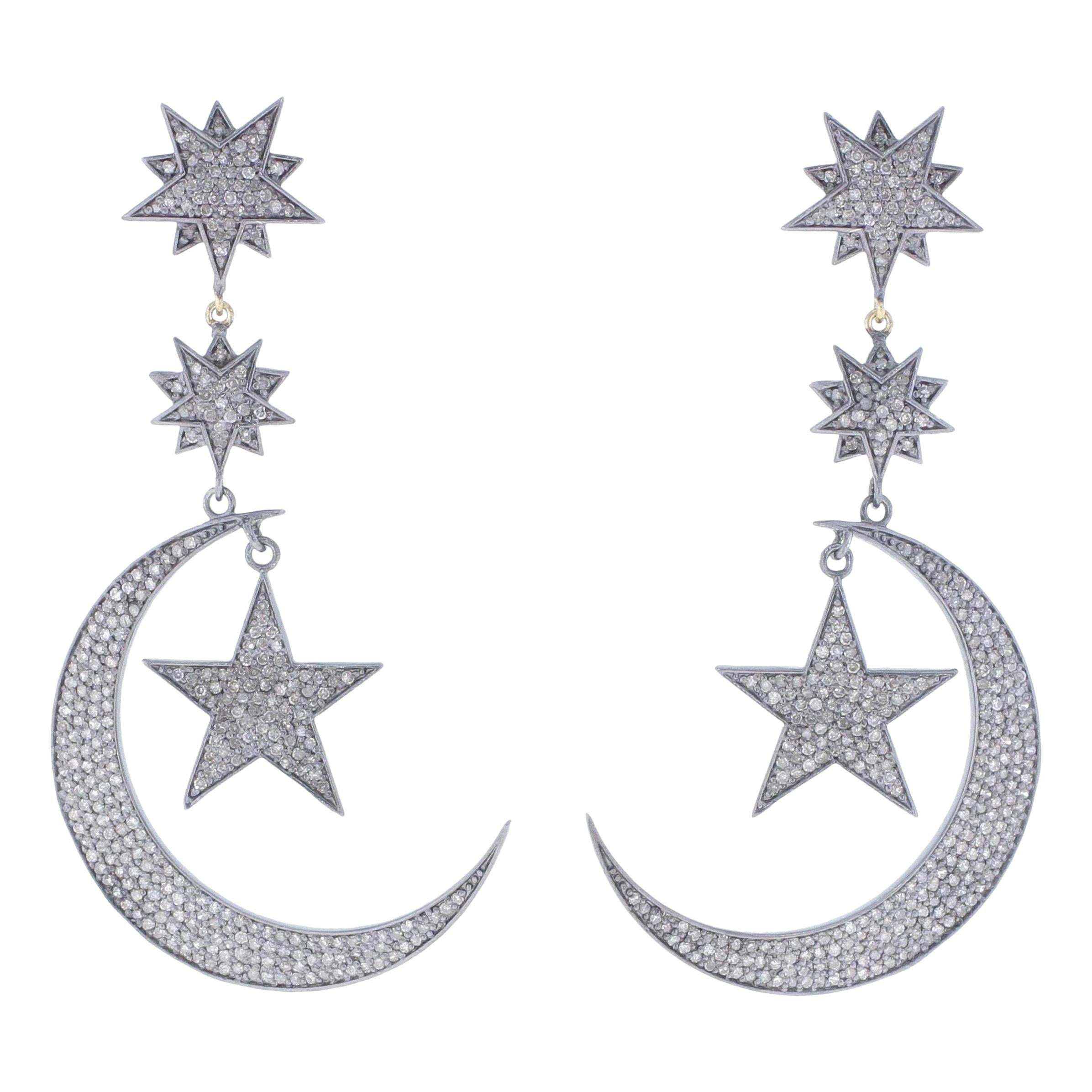 Star Moon Diamond Drop Earrings