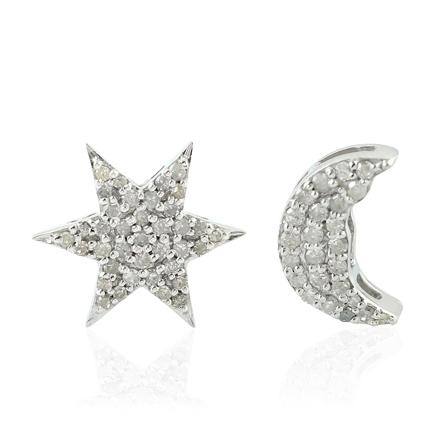 Modern Star Moon Diamond Stud Earrings