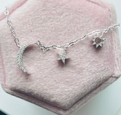 Star moon sun necklace 18KT white gold natural fine diamonds VS moon necklace