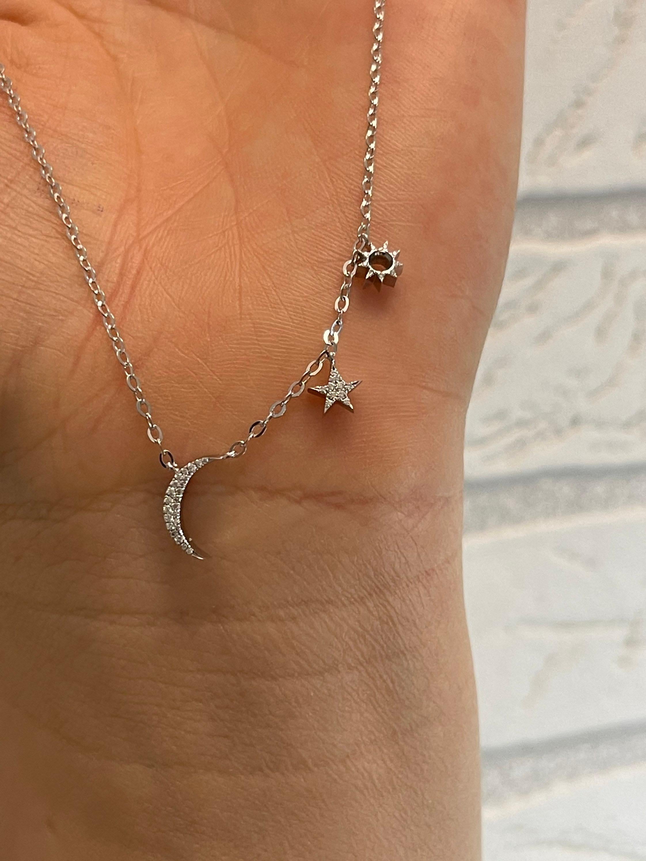 Star moon sun necklace 18KT white gold natural fine diamonds VS moon necklace For Sale 1
