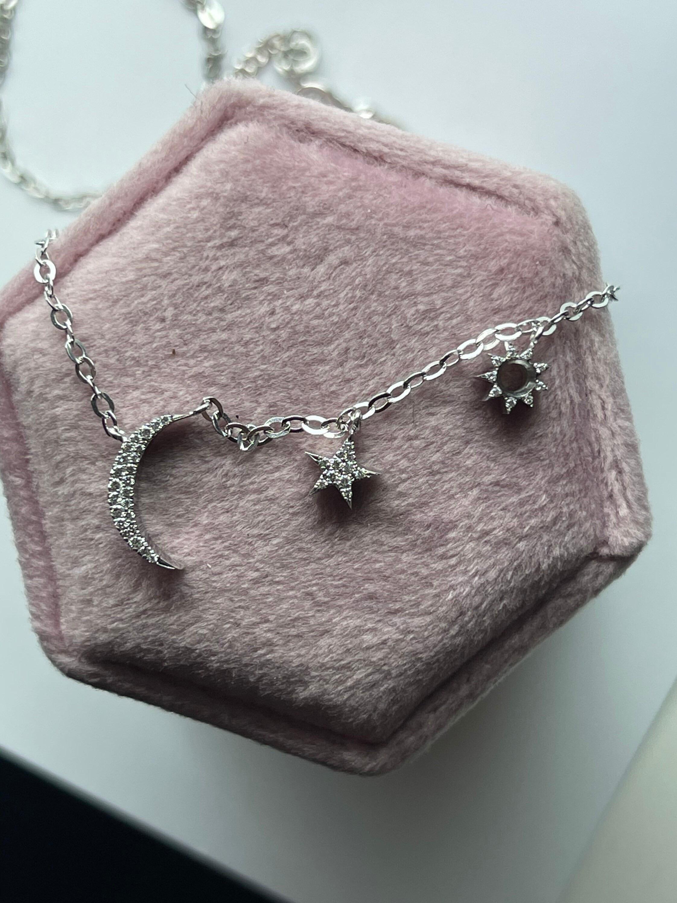 Star moon sun necklace 18KT white gold natural fine diamonds VS moon necklace For Sale 2