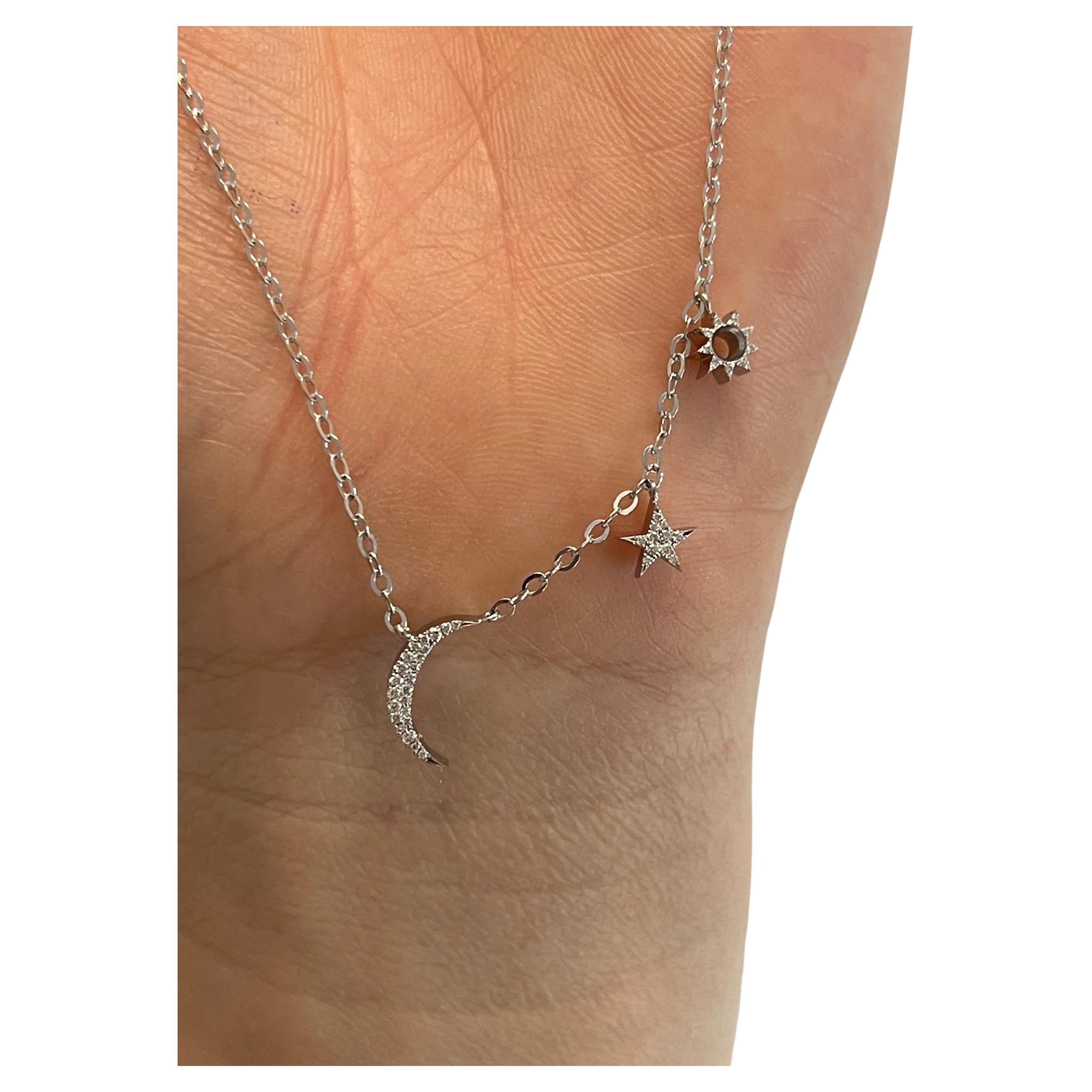 Star moon sun necklace 18KT white gold natural fine diamonds VS moon necklace For Sale