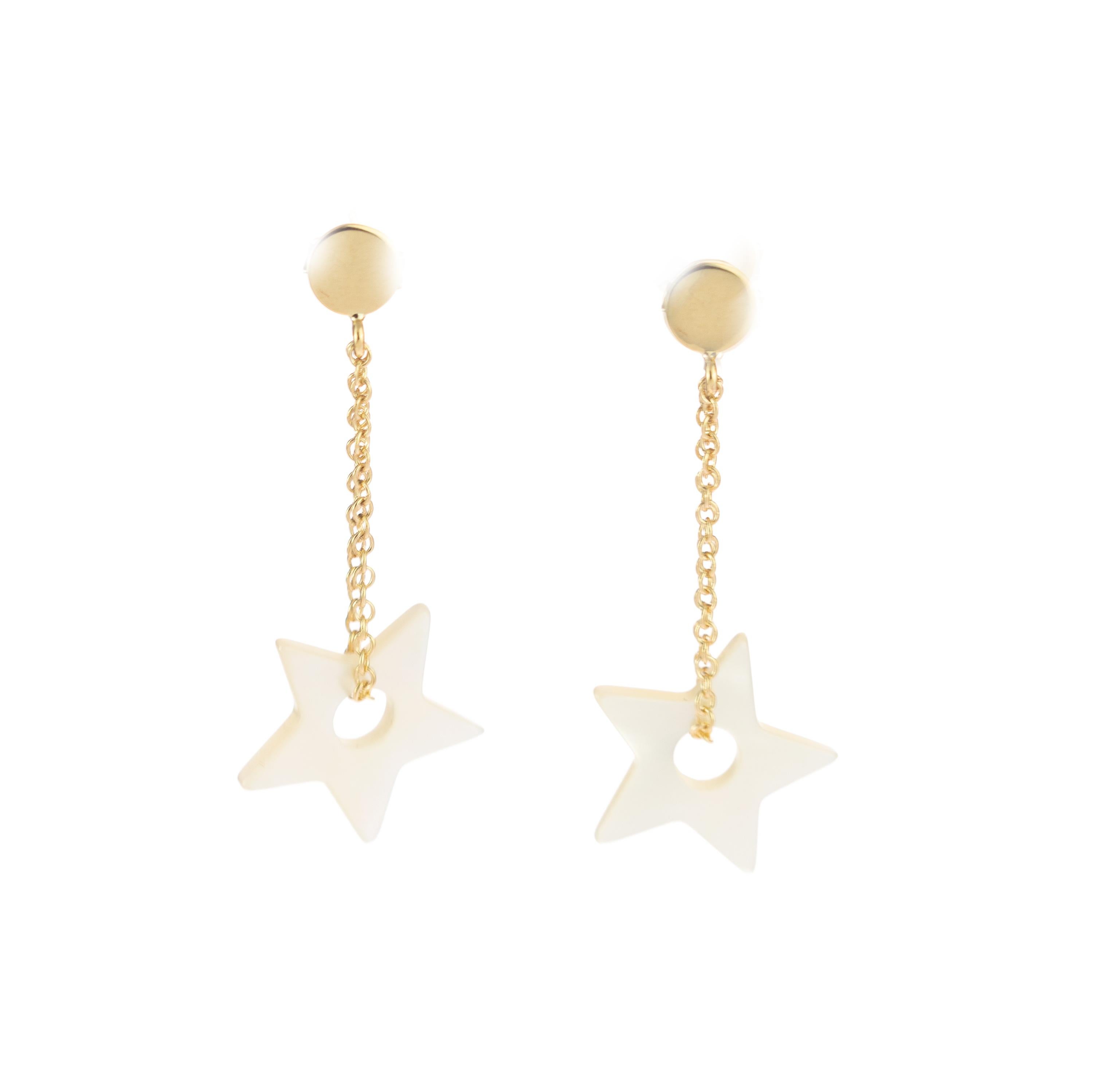 Star Mother of Pearl Carved 18 Karat Gold Chain Cocktail Drop Dangle Earrings For Sale 3