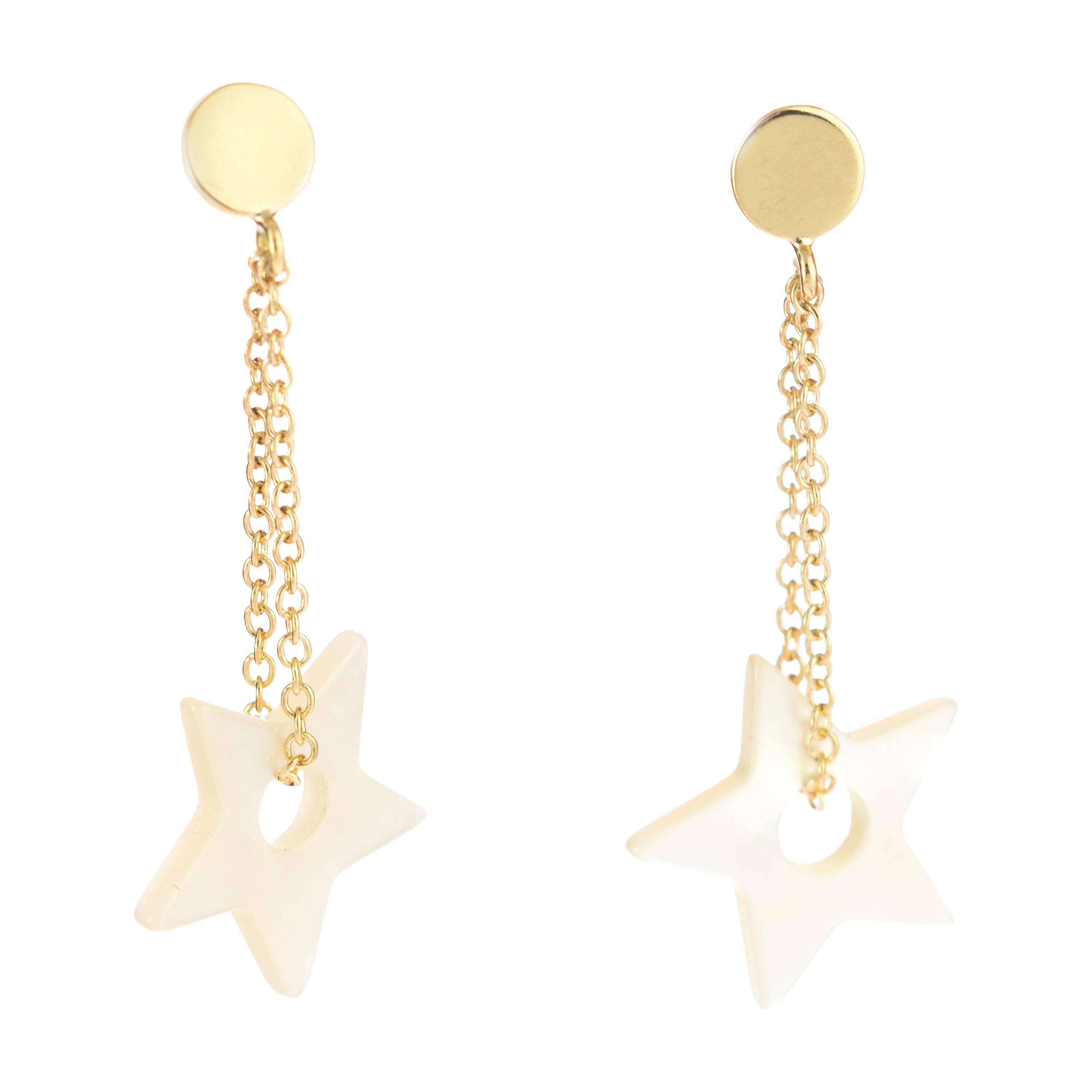Star Mother of Pearl Carved 18 Karat Gold Chain Cocktail Drop Dangle Earrings For Sale