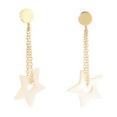 Star Mother of Pearl Carved 18 Karat Gold Chain Cocktail Drop Dangle Earrings