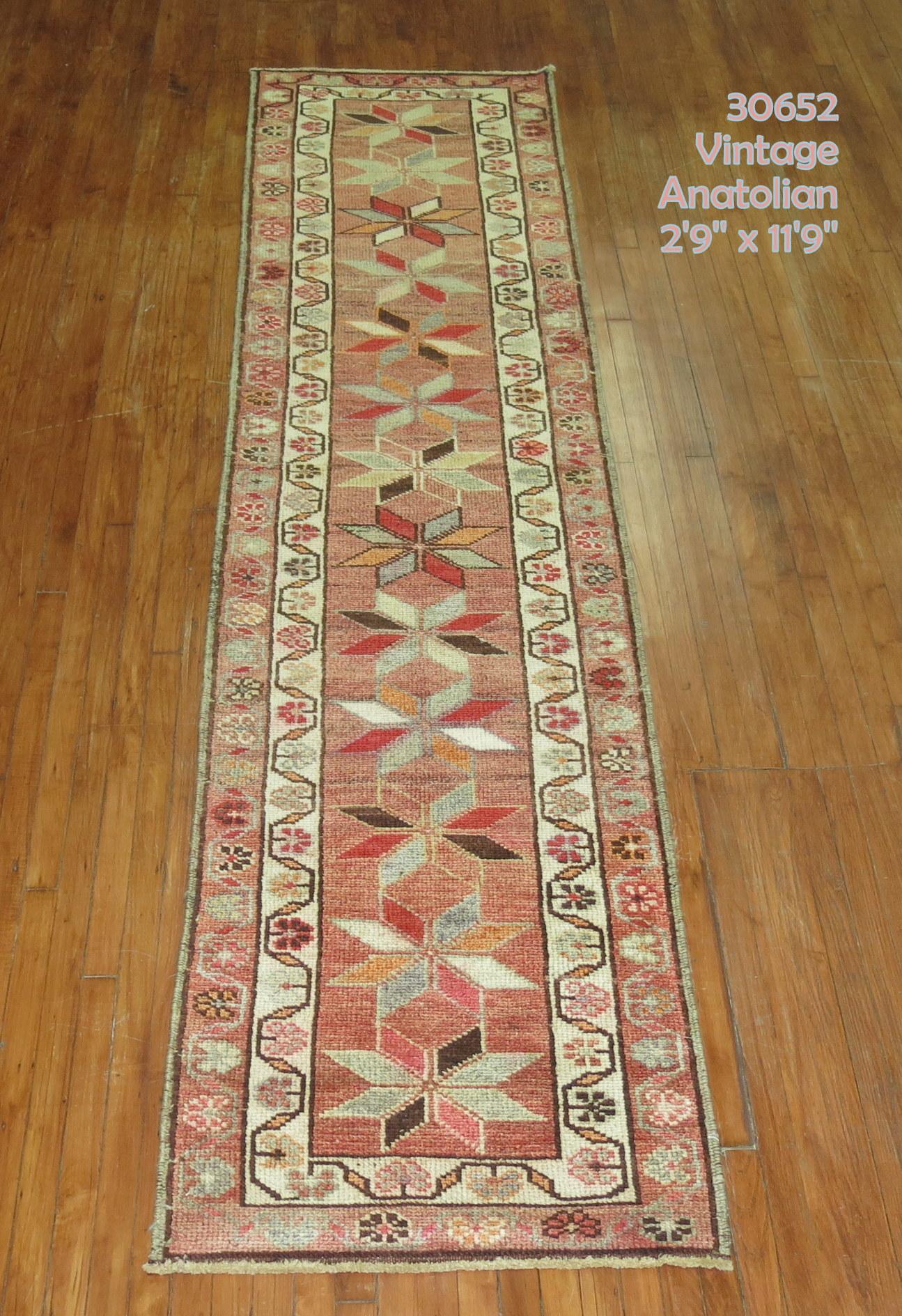 Turkish Anatolian runner with a repetitive geometric star motif on a neutral color ground from the middle of the 20th century. 

Measures: 2'9” x 11'9”.