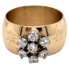 Star Motif Wide Vintage Diamond Ring in 14K Yellow Gold, 0.70ct