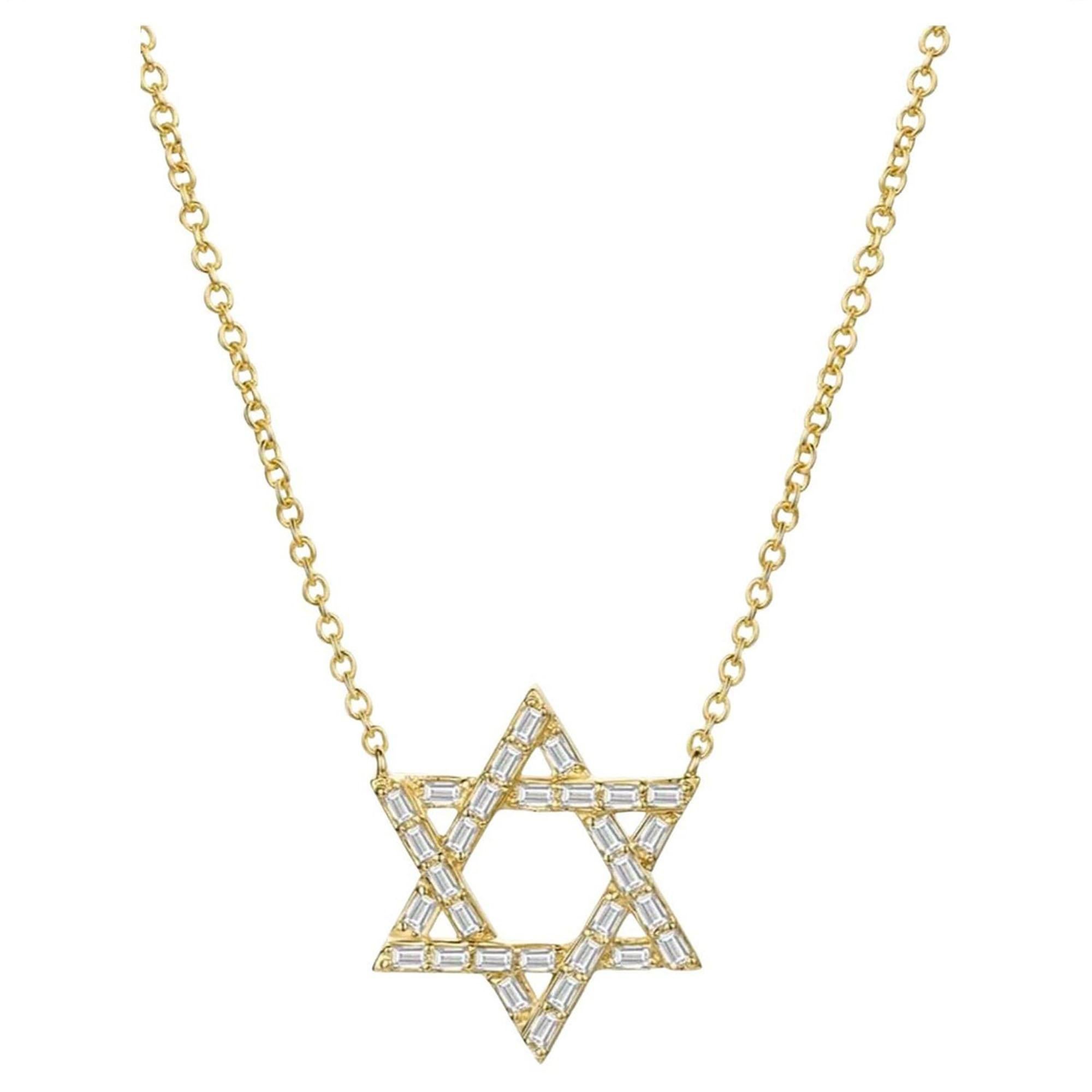 Collier en or jaune 14 carats (ou 18 carats sur demande) avec étoile de David et diamant baguette