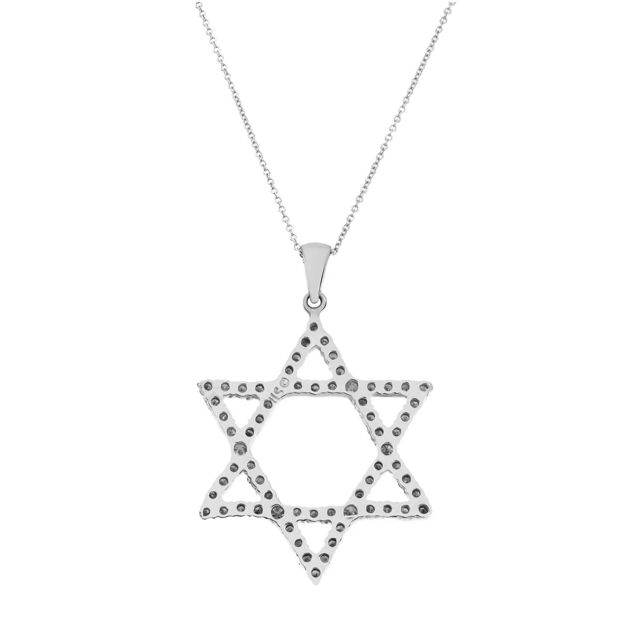 This gorgeous necklace showcases a classic elegant design featuring a Star of David pendant sparkling with bright white round brilliant cut diamonds in prong setting. The pendant is crafted in 14k white gold. Total diamond weight: 2.35 carats. Get