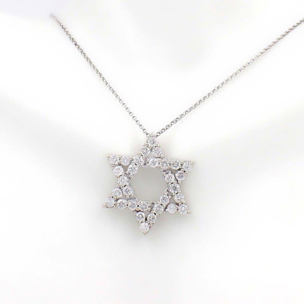 Women's or Men's Star of David Diamond Pendant Necklace 1.76 Carat in 14 Karat White Gold