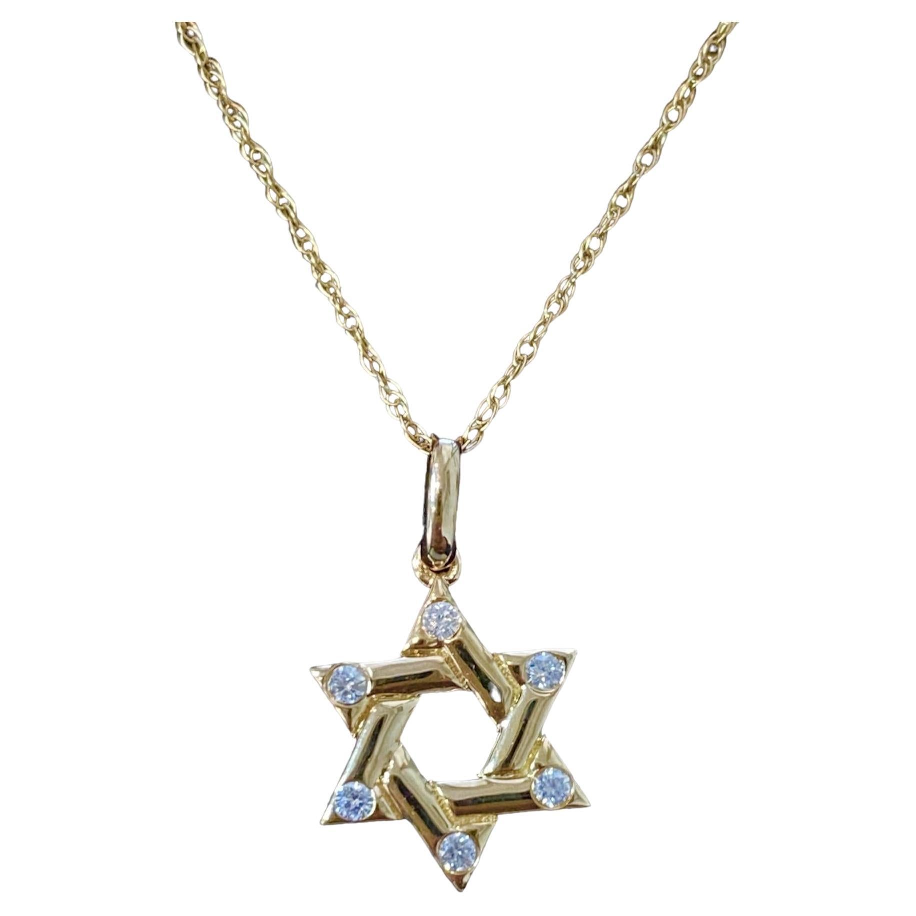 Star Of David Natural Diamond Necklace 14K For Sale