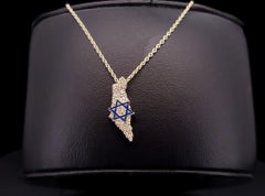 Star of David on Israel  Pendant in 14K Yellow Gold with Diamonds Enamel 18''