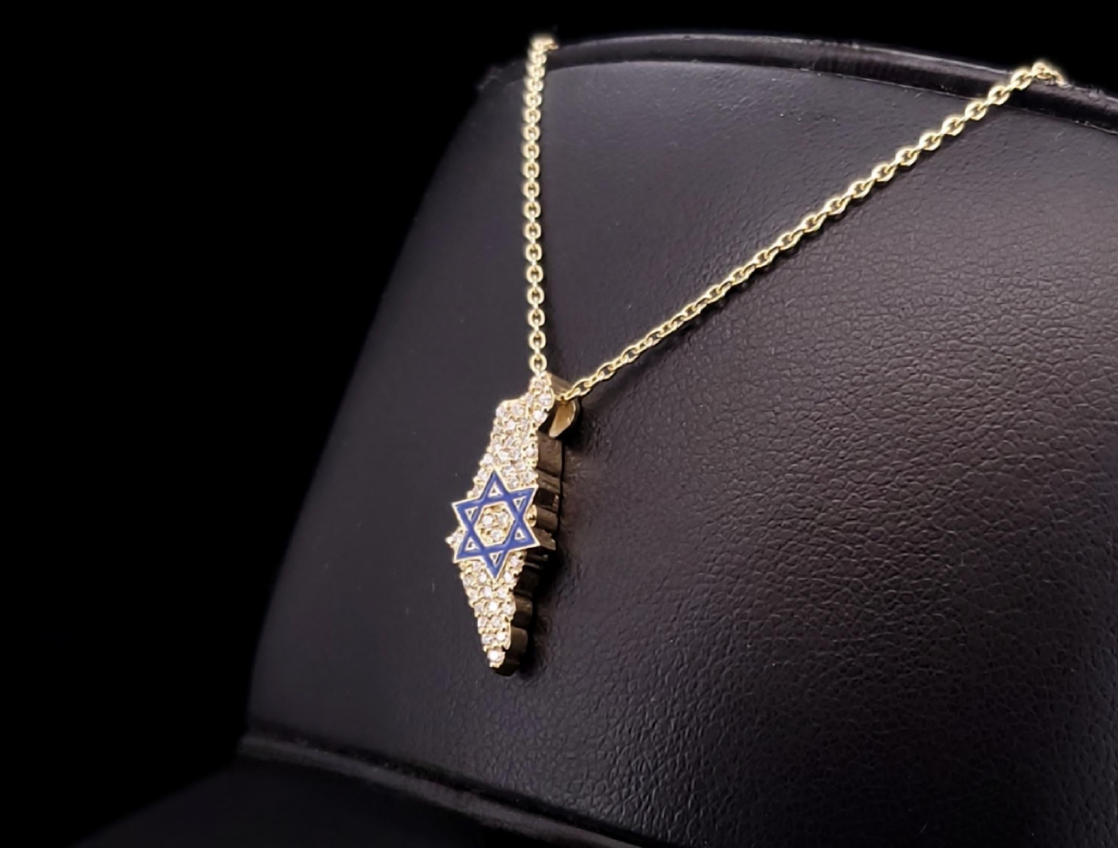Taille ronde Étoile de David en Israël  Pendentif en or jaune 14 carats avec diamants et émail 18'' en vente