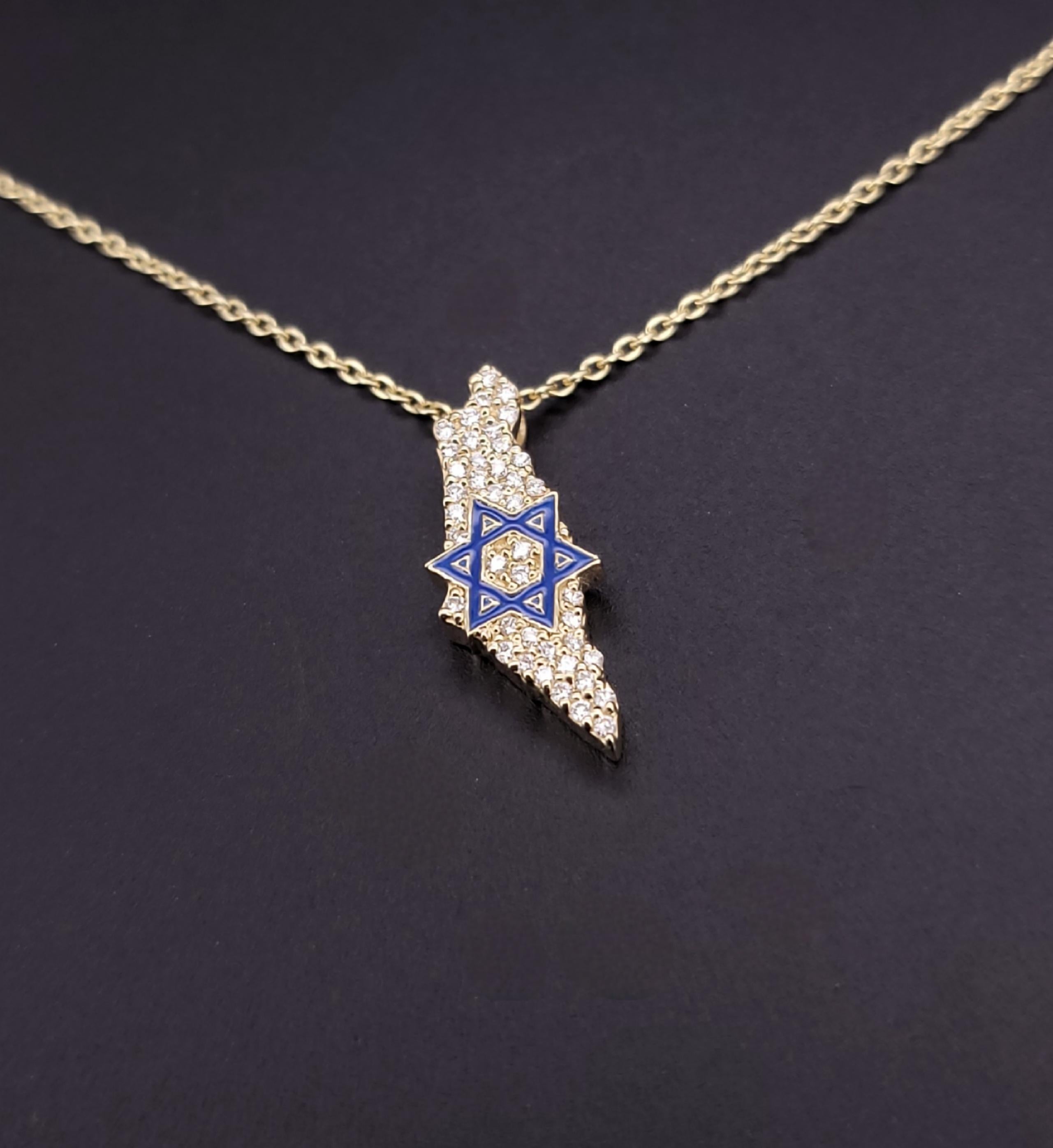 Étoile de David en Israël  Pendentif en or jaune 14 carats avec diamants et émail 18'' Unisexe en vente