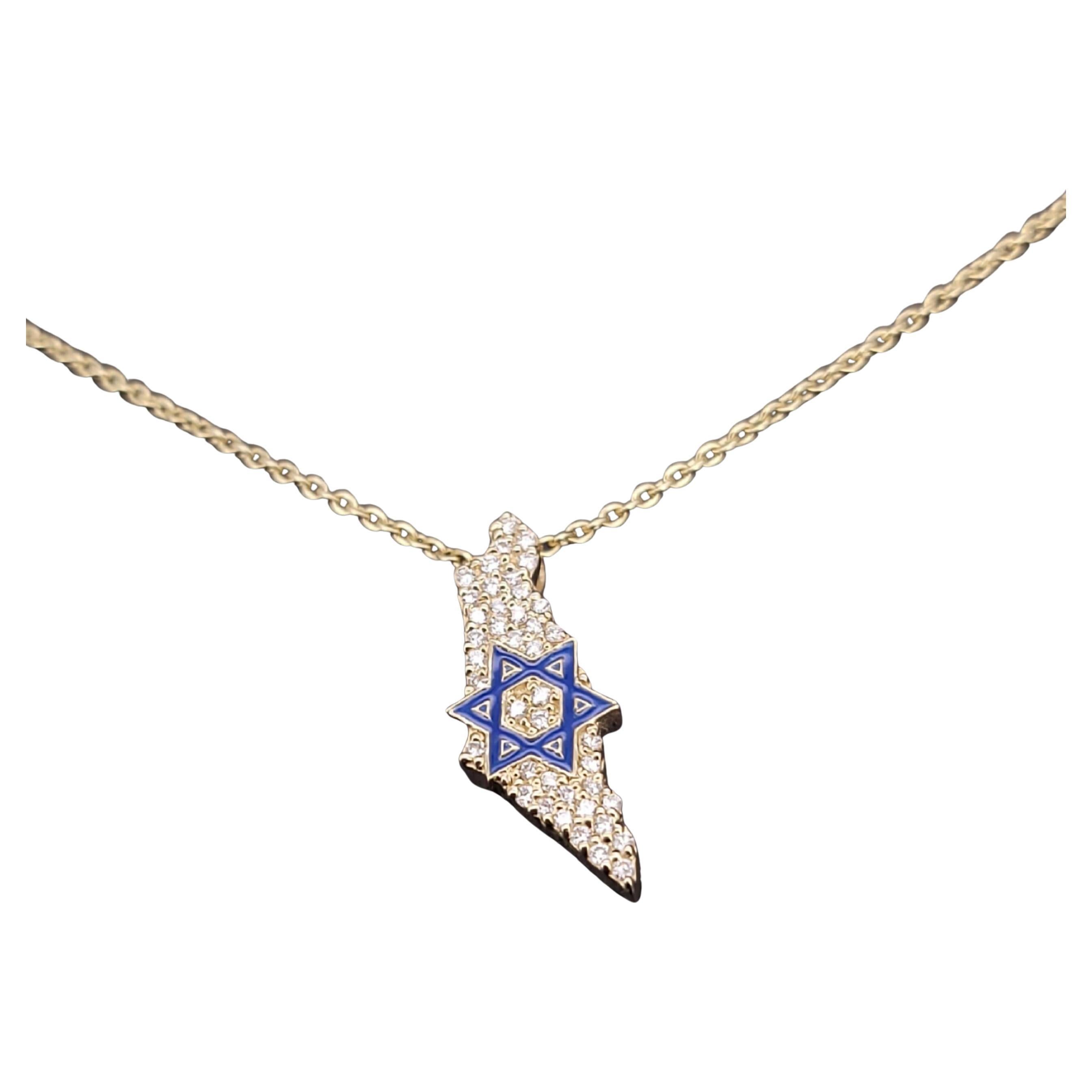 Étoile de David en Israël  Pendentif en or jaune 14 carats avec diamants et émail 18''