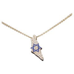Star of David on Israel  Pendant in 14K Yellow Gold with Diamonds Enamel 18''