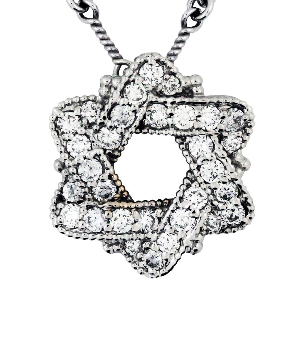 18K White Gold and Diamond Jewish Star of David Pendant Chain Necklace by Stambolian

1.31 carat G color, VS clarity diamonds

Chain is hand-made with hand-twisted wires connected one by one

Chain is 16 inches in length. Can be lengthened or