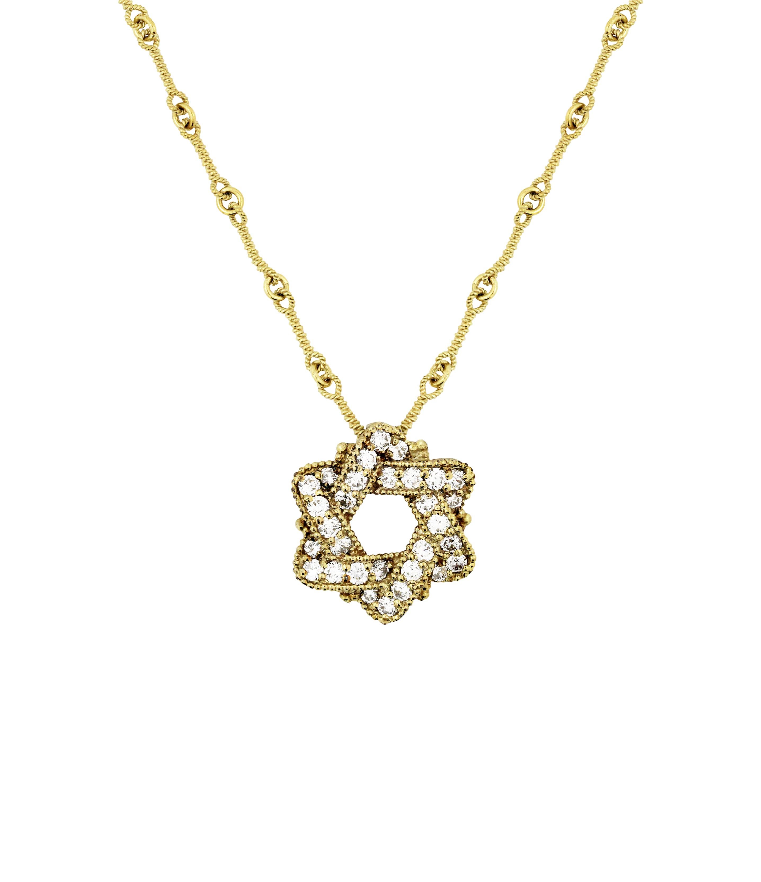 Round Cut Star of David Pendant Chain Necklace Yellow Gold and Diamonds Stambolian