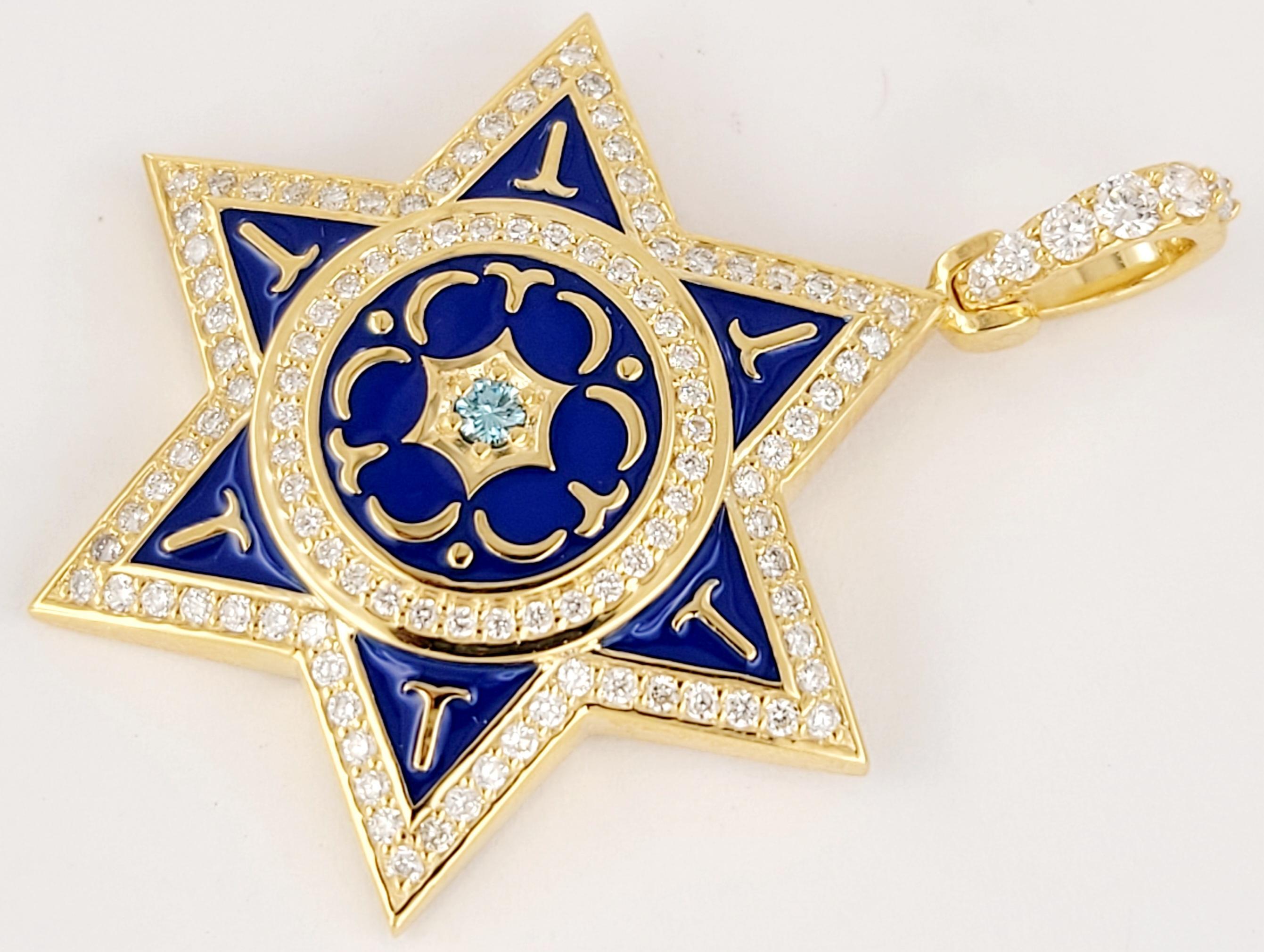 Taille ronde Pendentif Étoile de David en or jaune 14 carats avec diamants en vente