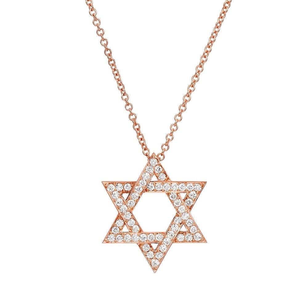 Unique 14K rose gold Star Of David pendant necklace, is set with a total of 0.47 carat round brilliant diamonds. 
David Star size is 0.60