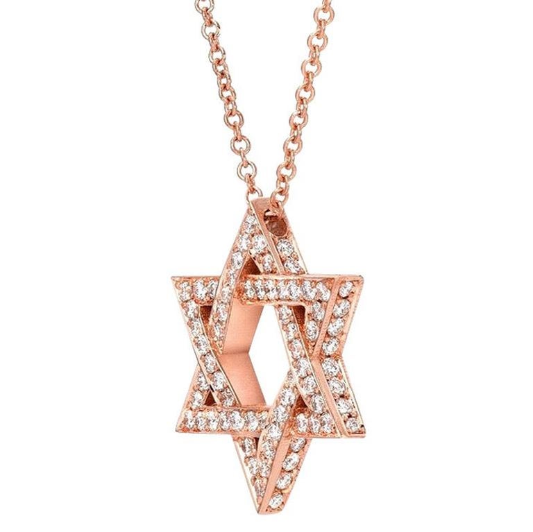 Star of David Rose Gold Diamond Pendant Necklace Unisex For Sale at 1stdibs