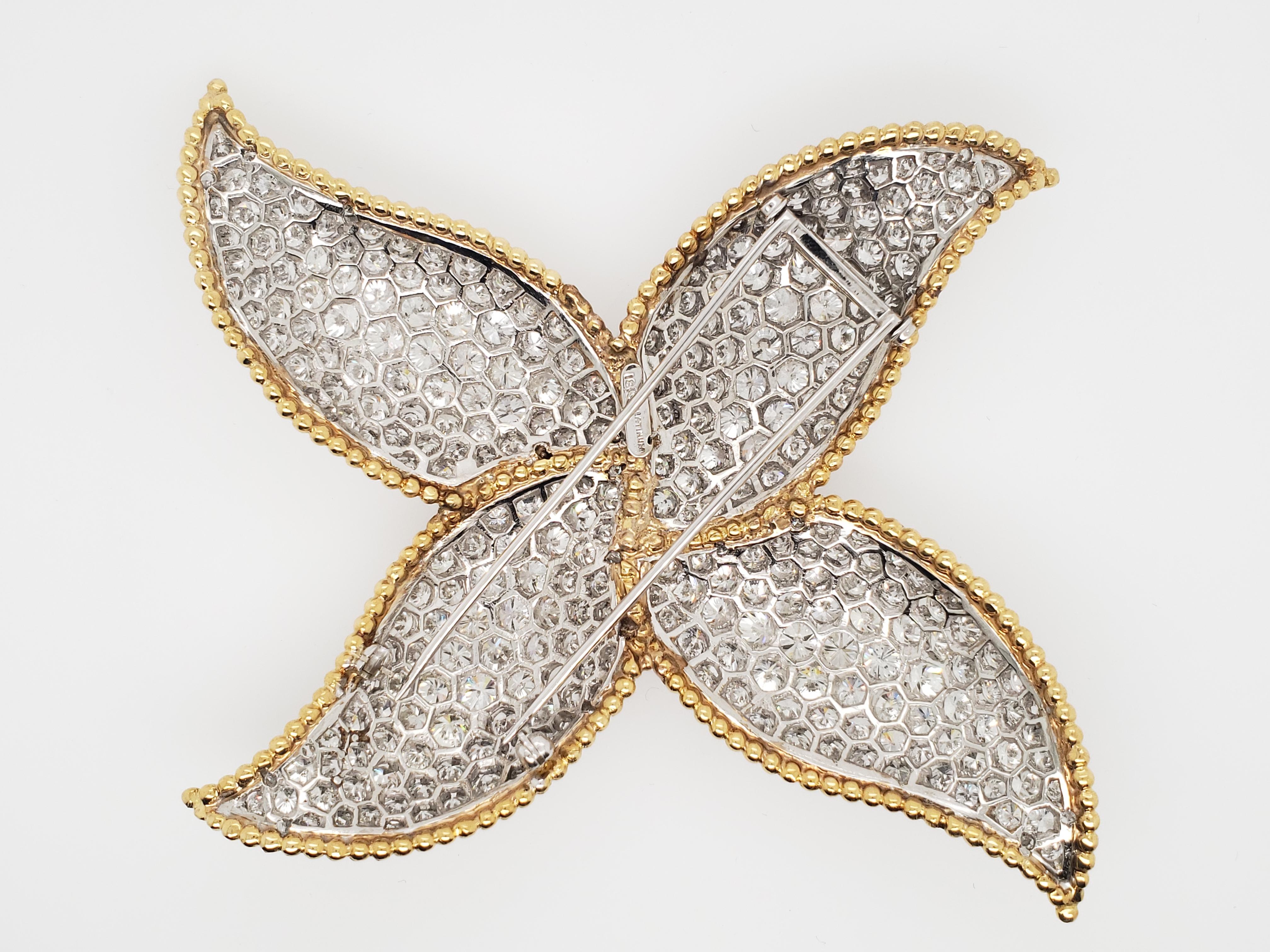 Contemporary Star or Pinwheel Diamond, Platinum and 18 Karat Gold Brooch Pin For Sale