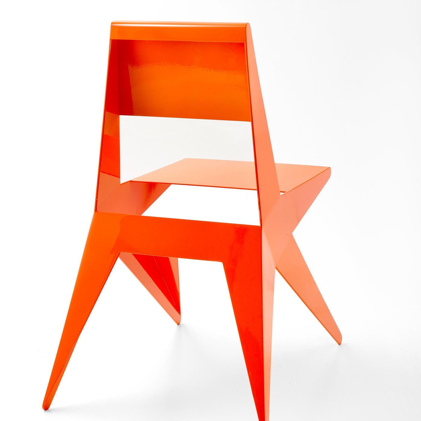 Designed by Antonio Pio Saracino, this chair's geometric profile evokes a three-dimensional star with the points extending from a core to become the legs, seat (H 47 cm), and back. Modern and elegant, this chair is lacquered in a bold orange color