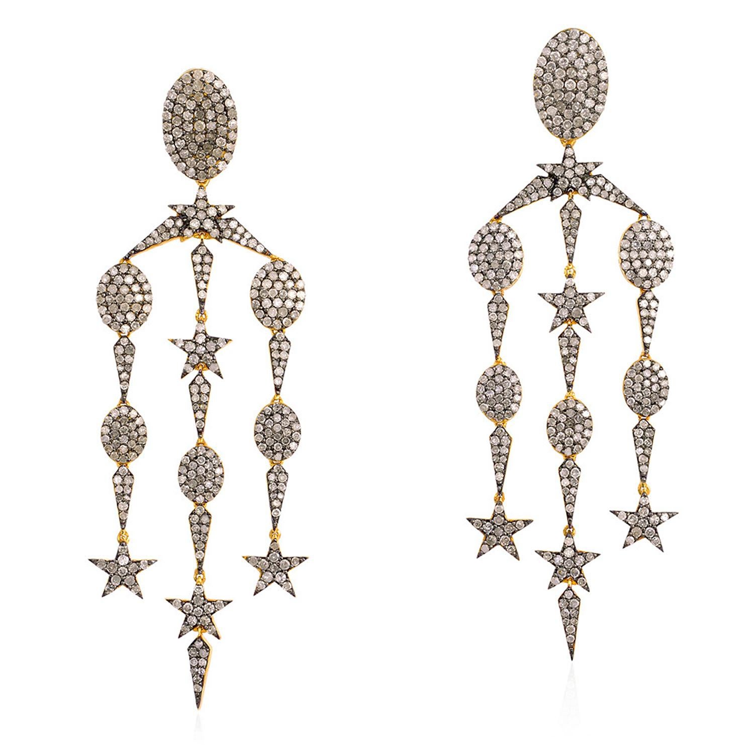 Mixed Cut Star & Oval Shaped Pave Diamonds Set Chandelier Earrings in 18k Gold & Silver For Sale
