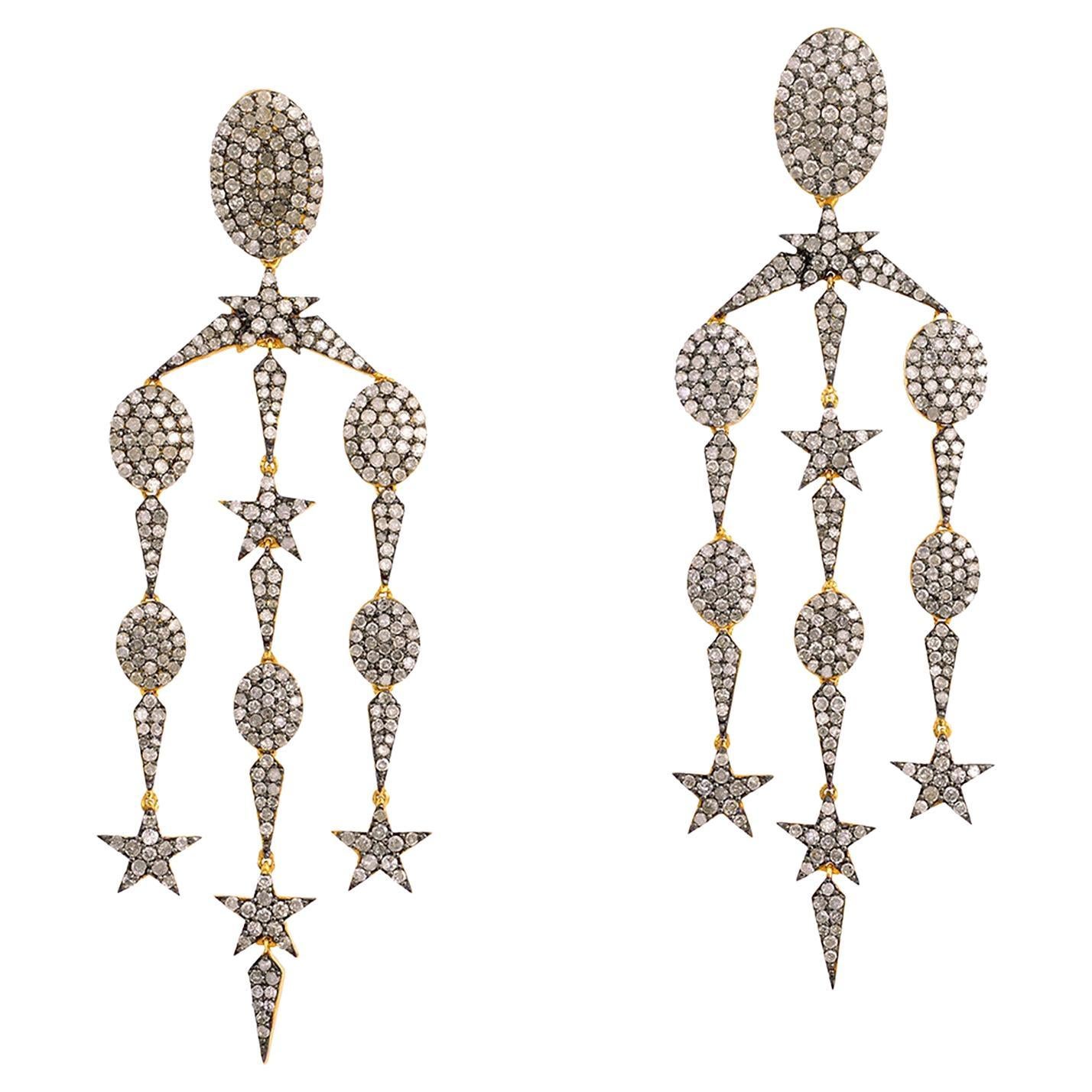 Star & Oval Shaped Pave Diamonds Set Chandelier Earrings in 18k Gold & Silver For Sale