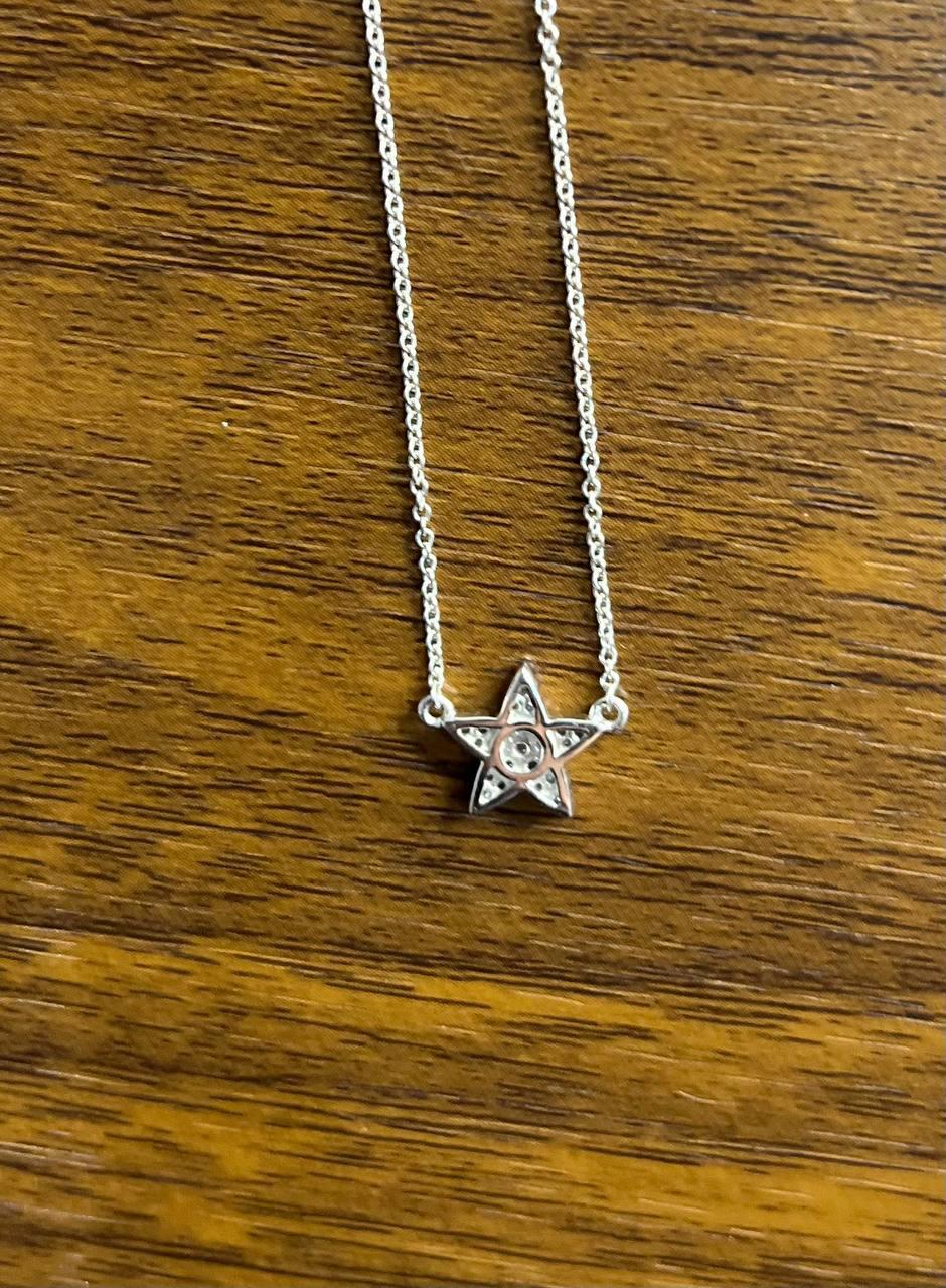 Star Pave Set Diamonds Halo Motif 14K Karat White Gold Pendant Chain Necklace For Sale 2