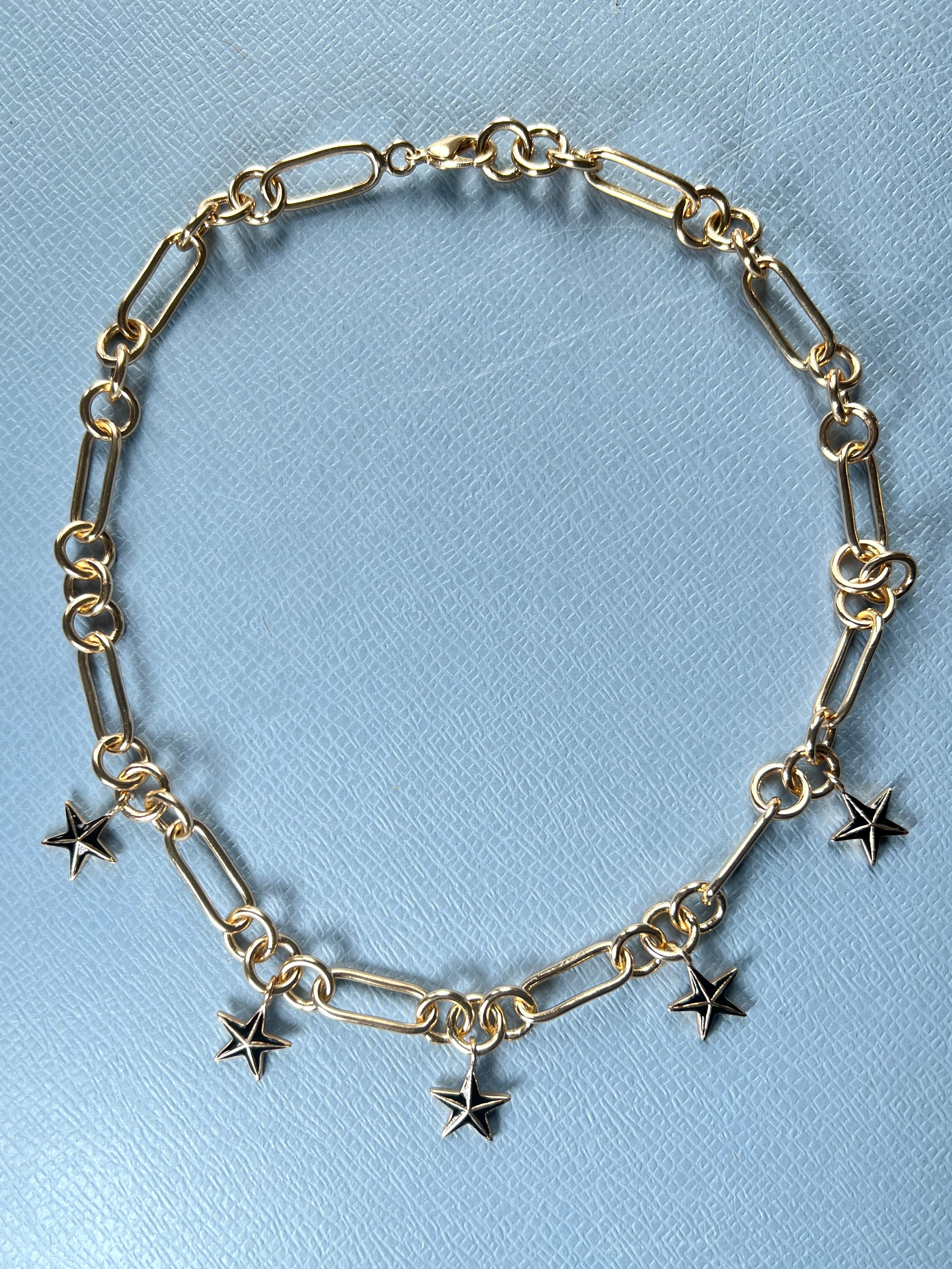 Five Star Charm Necklace Gold Plate Black Enamel, Chunky Choker Chain Neuf - En vente à Los Angeles, CA