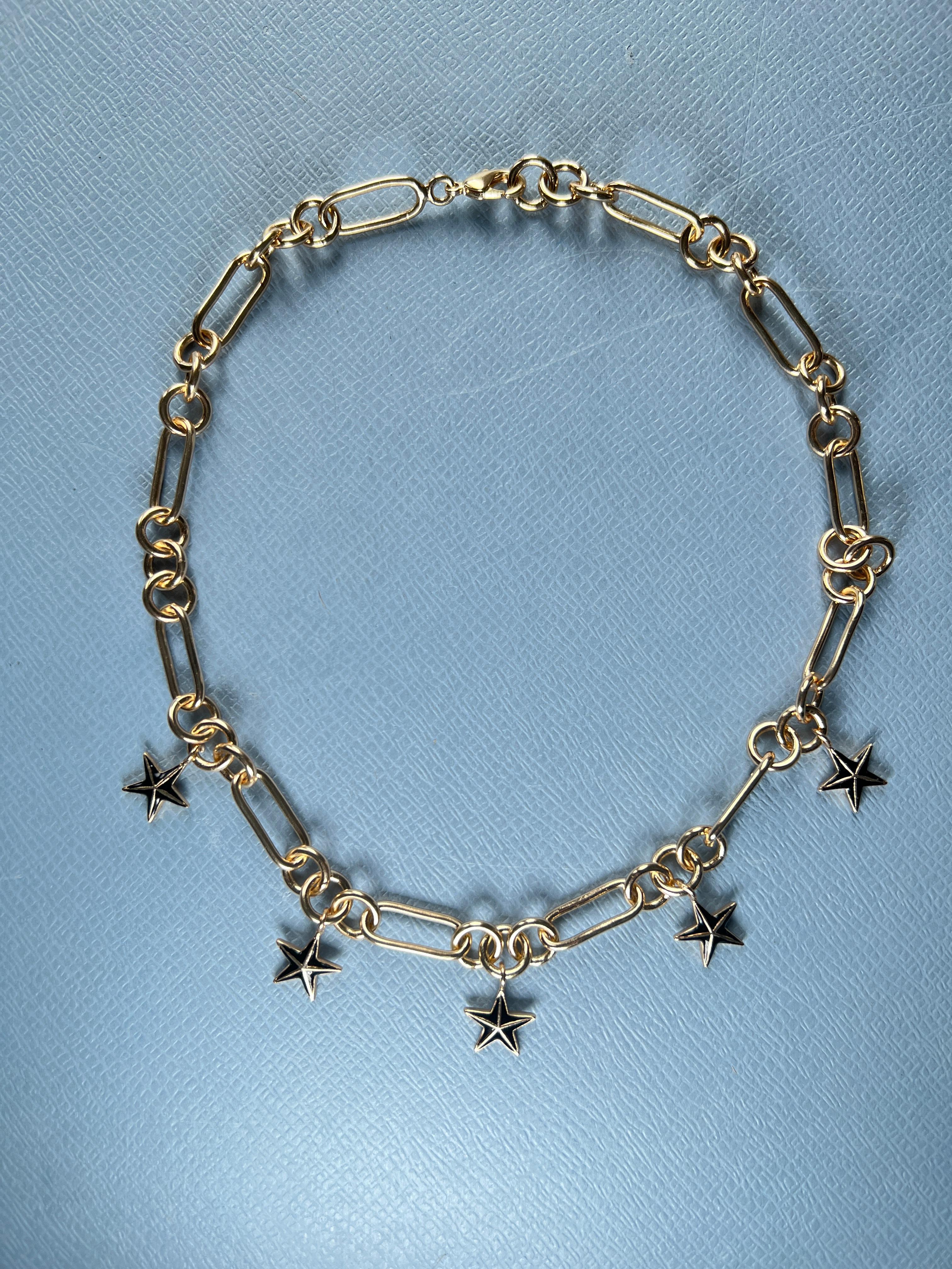 Five Star Charm Necklace Gold Plate Black Enamel, Chunky Choker Chain Pour femmes en vente