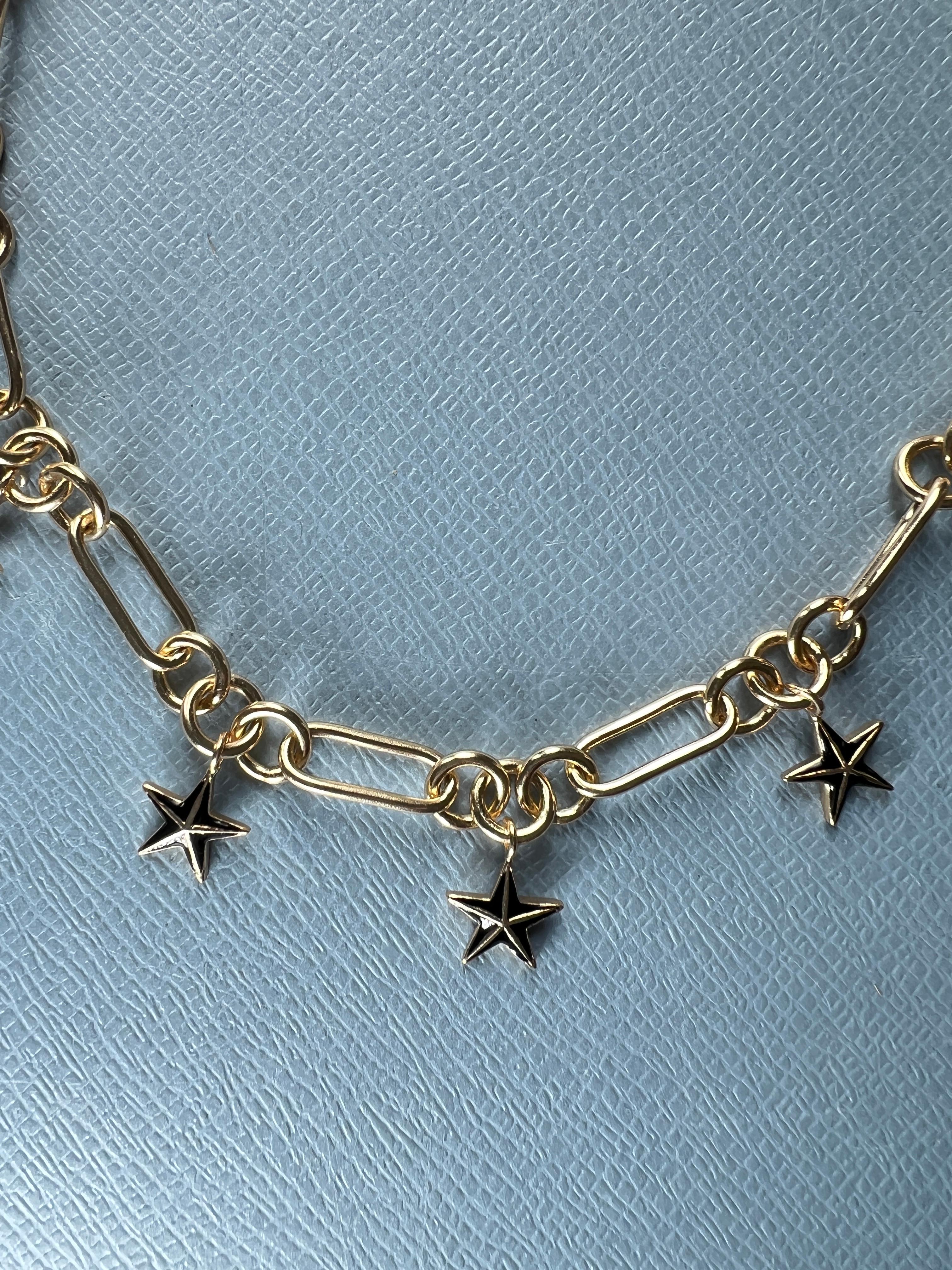 Five Star Charm Necklace Gold Plate Black Enamel, Chunky Choker Chain en vente 1