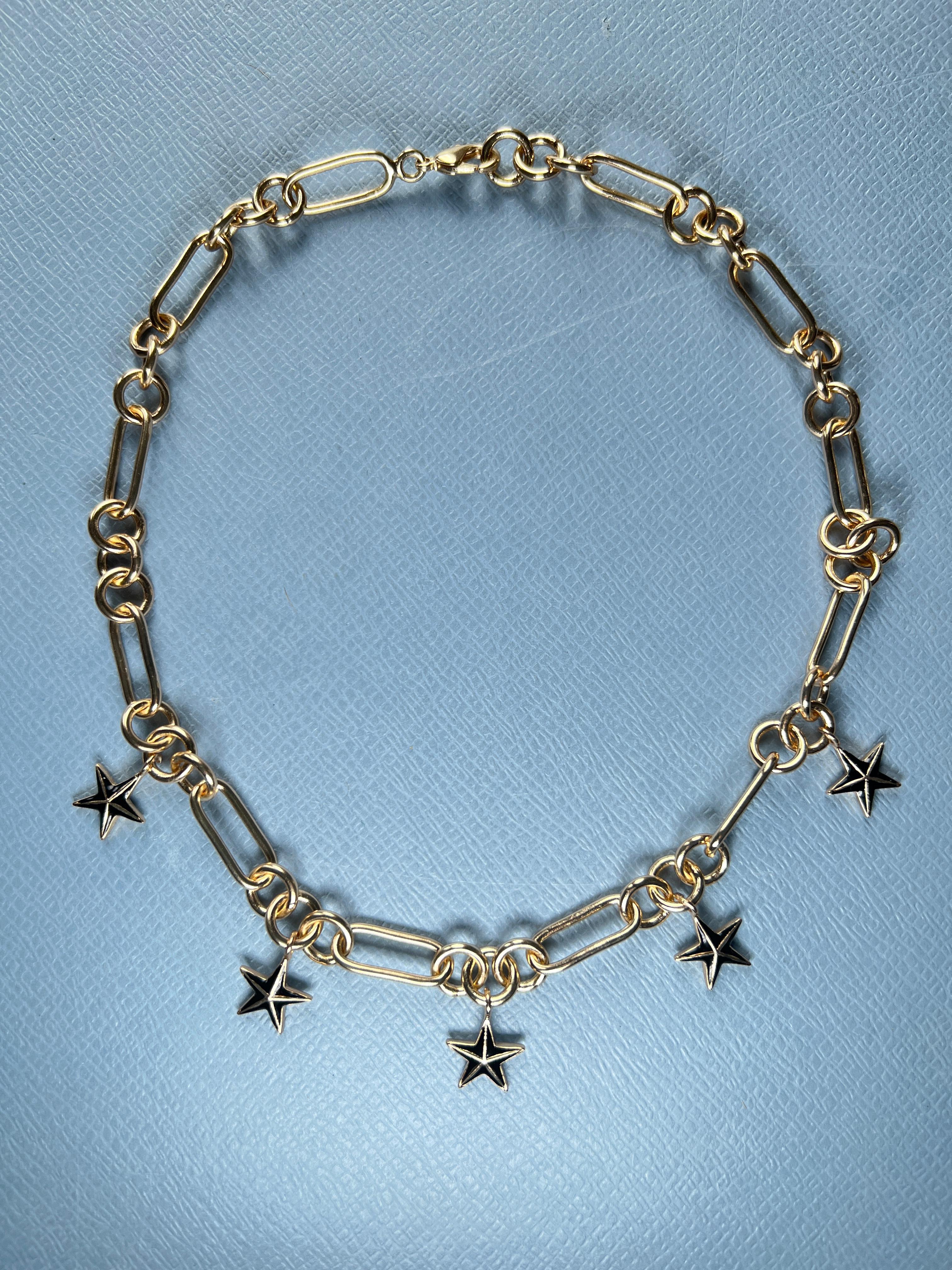 Five Star Charm Necklace Gold Plate Black Enamel, Chunky Choker Chain en vente 2