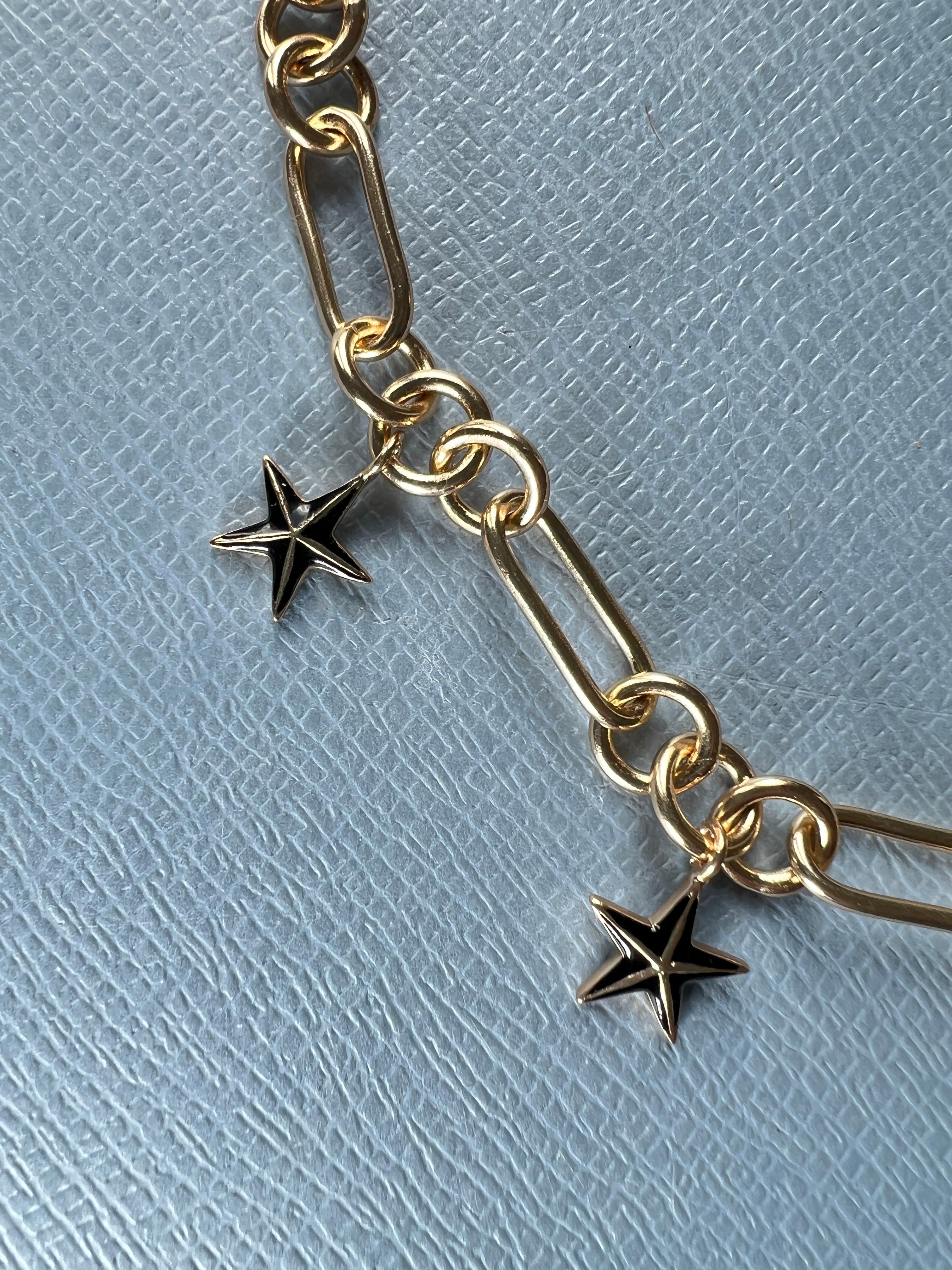 Five Star Charm Necklace Gold Plate Black Enamel, Chunky Choker Chain en vente 3
