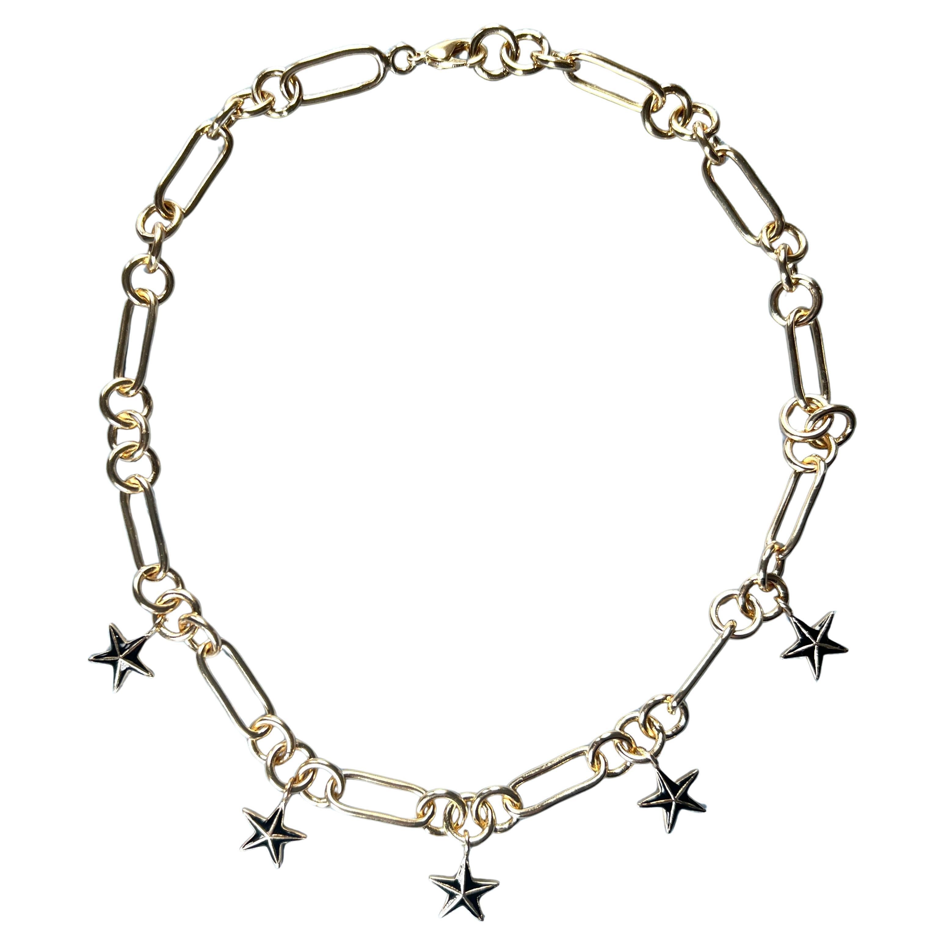 Five Star Charm Necklace Gold Plate Black Enamel, Chunky Choker Chain