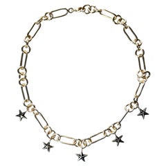 Five Star Charm Necklace Gold Plate Black Enamel, Chunky Choker Chain