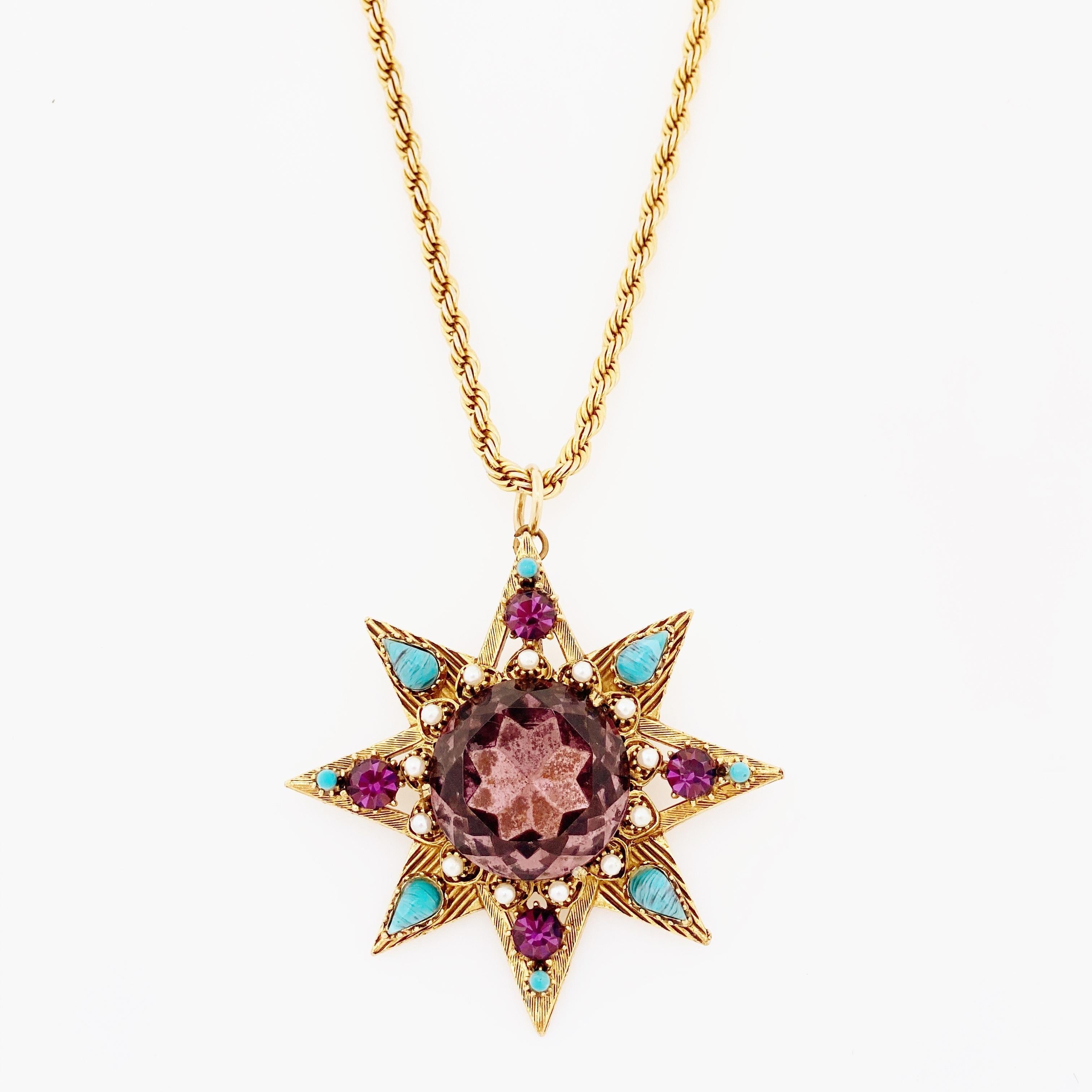 Modern Star Pendant Necklace With Amethyst Crystal and Turquoise By Florenza, 1960s