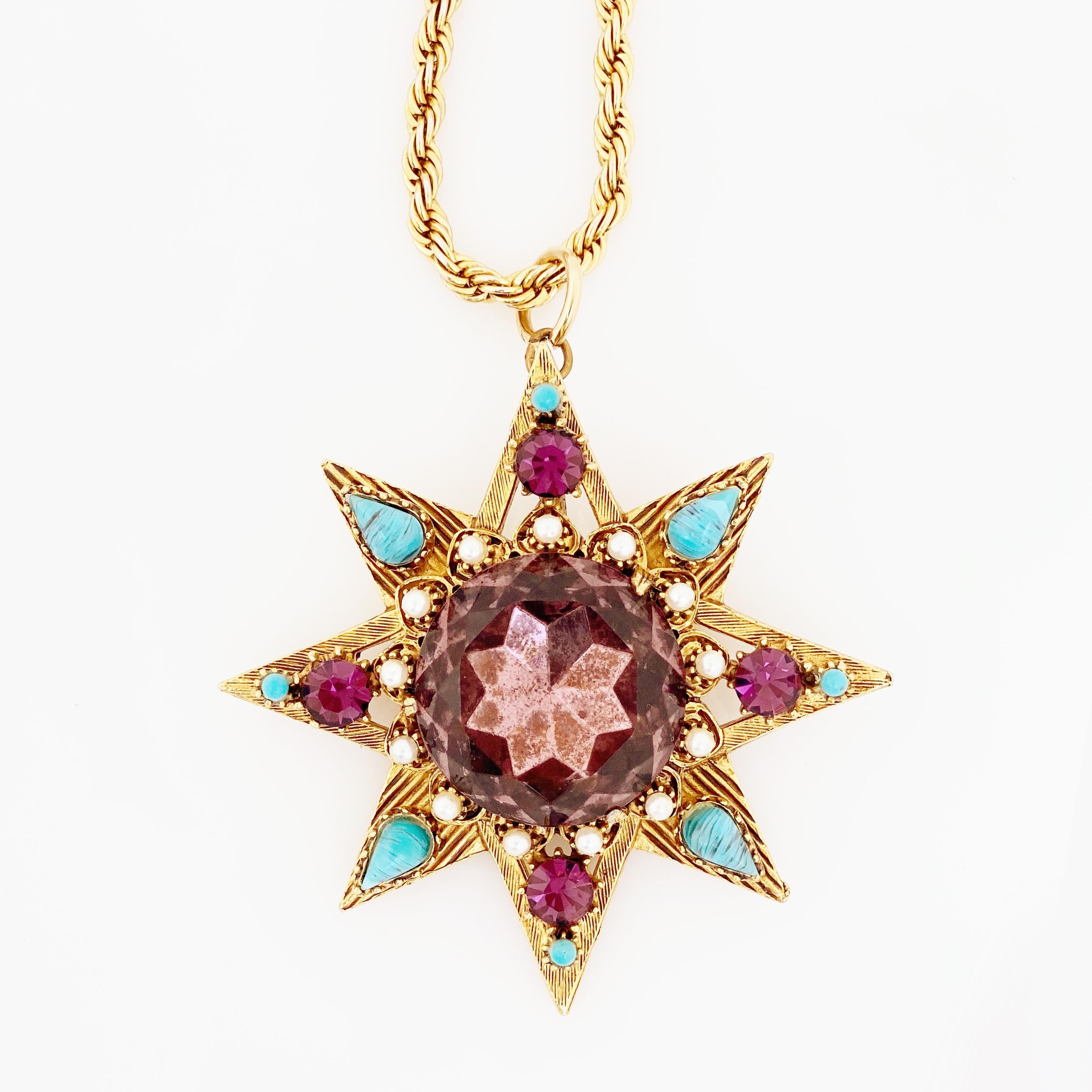 Star Pendant Necklace With Amethyst Crystal and Turquoise By Florenza, 1960s In Good Condition In McKinney, TX