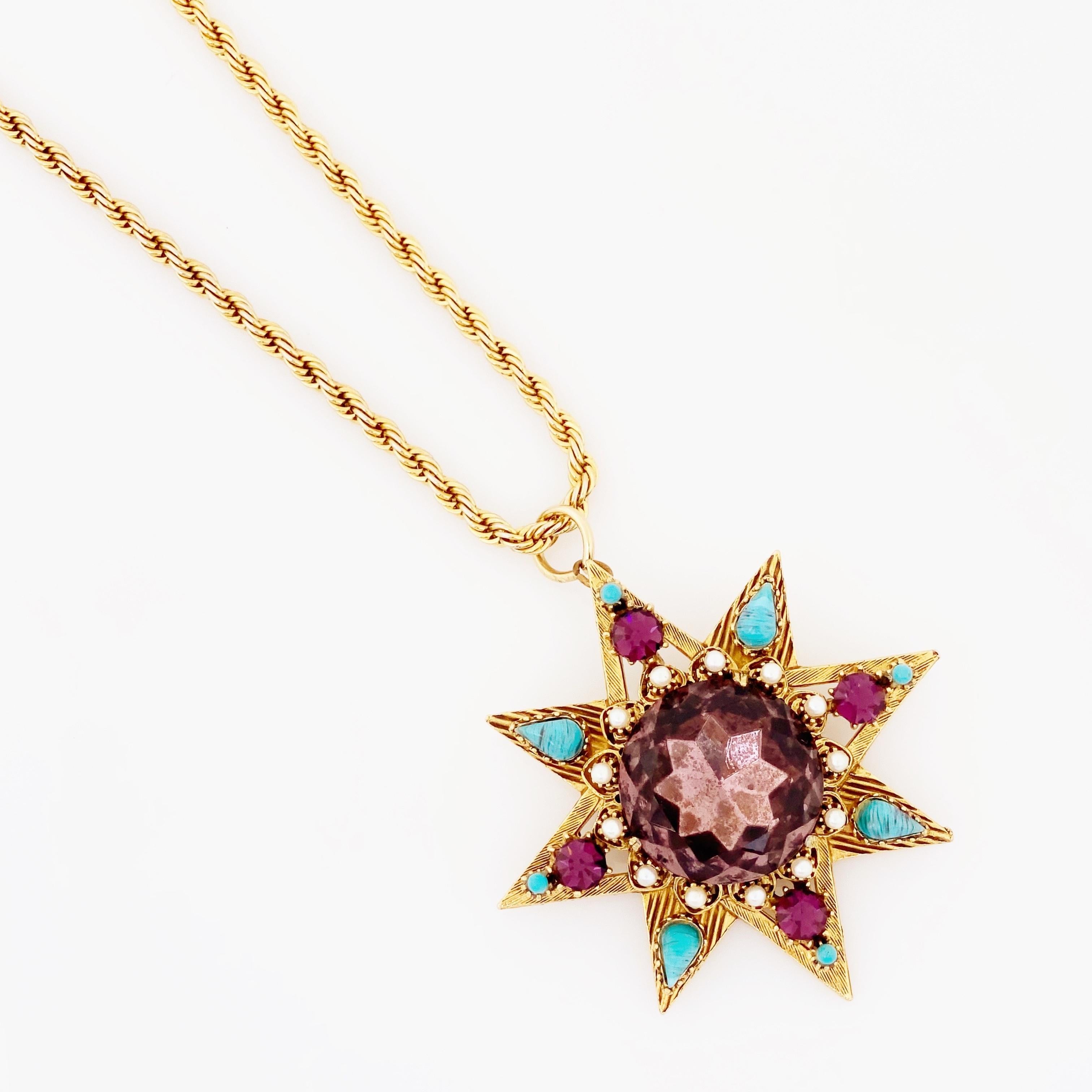 Women's Star Pendant Necklace With Amethyst Crystal and Turquoise By Florenza, 1960s