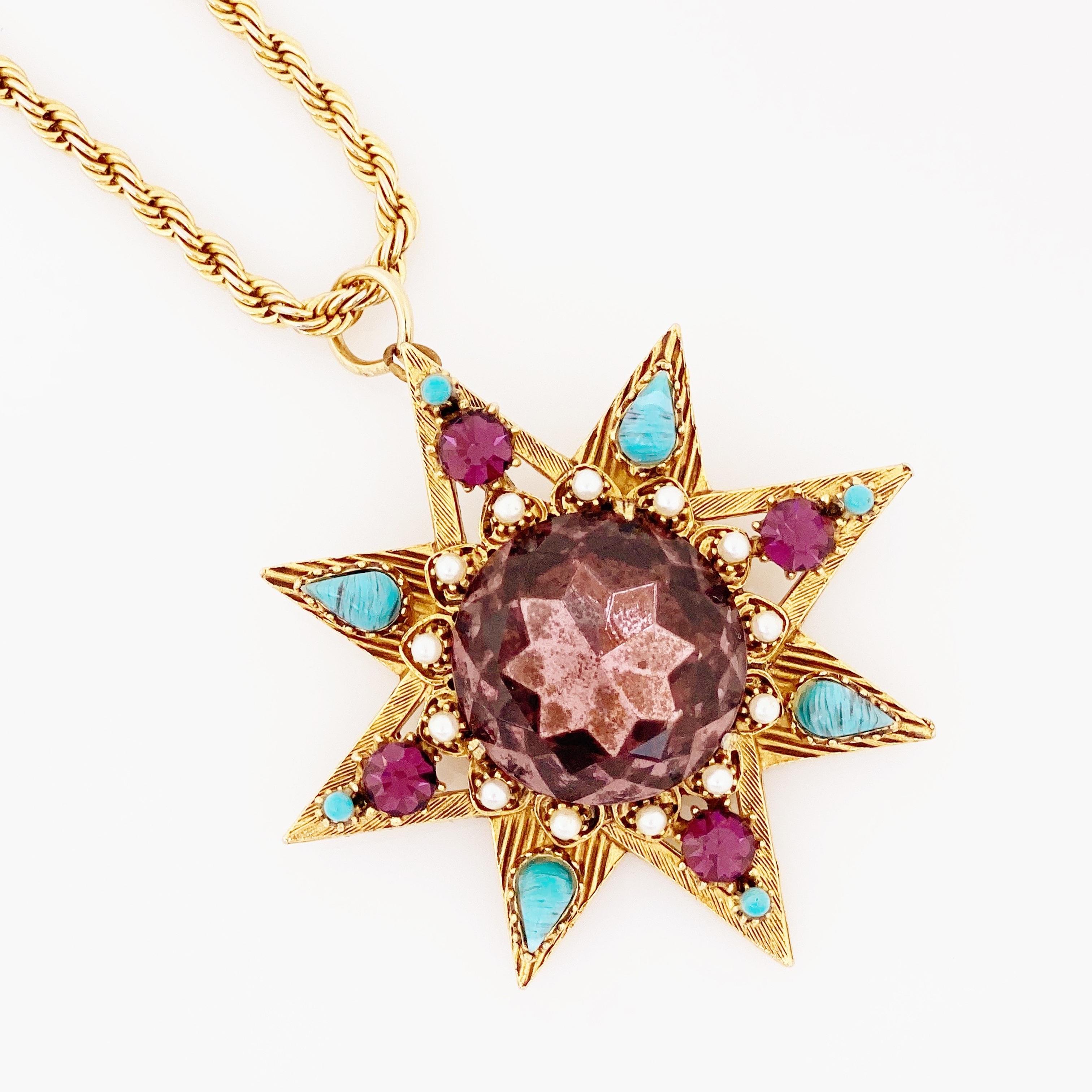 Star Pendant Necklace With Amethyst Crystal and Turquoise By Florenza, 1960s 1