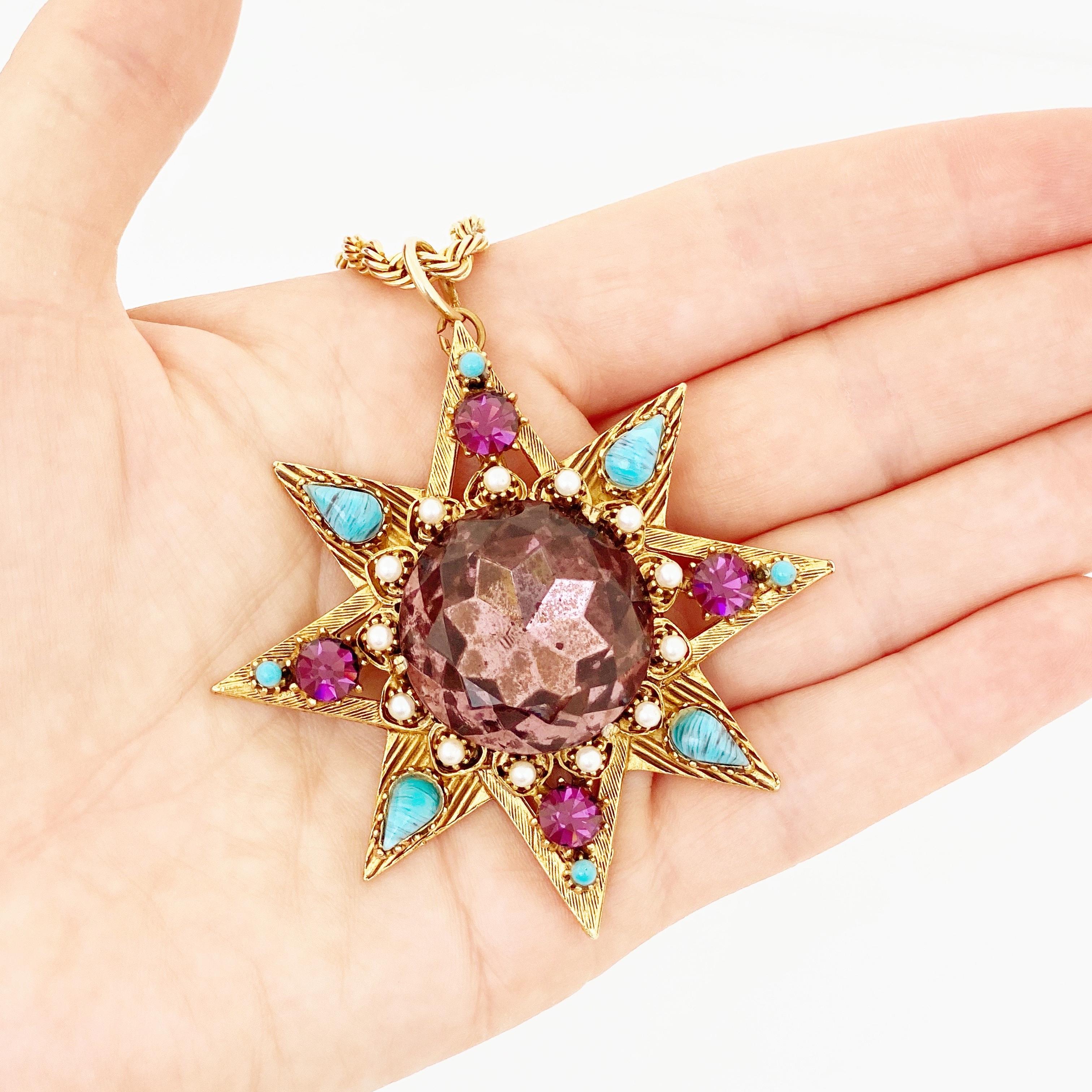 Star Pendant Necklace With Amethyst Crystal and Turquoise By Florenza, 1960s 3