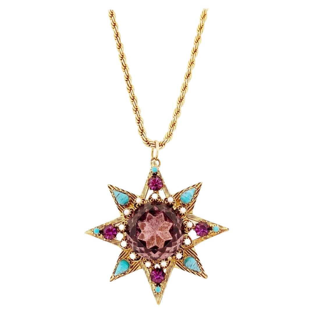 Star Pendant Necklace With Amethyst Crystal and Turquoise By Florenza, 1960s