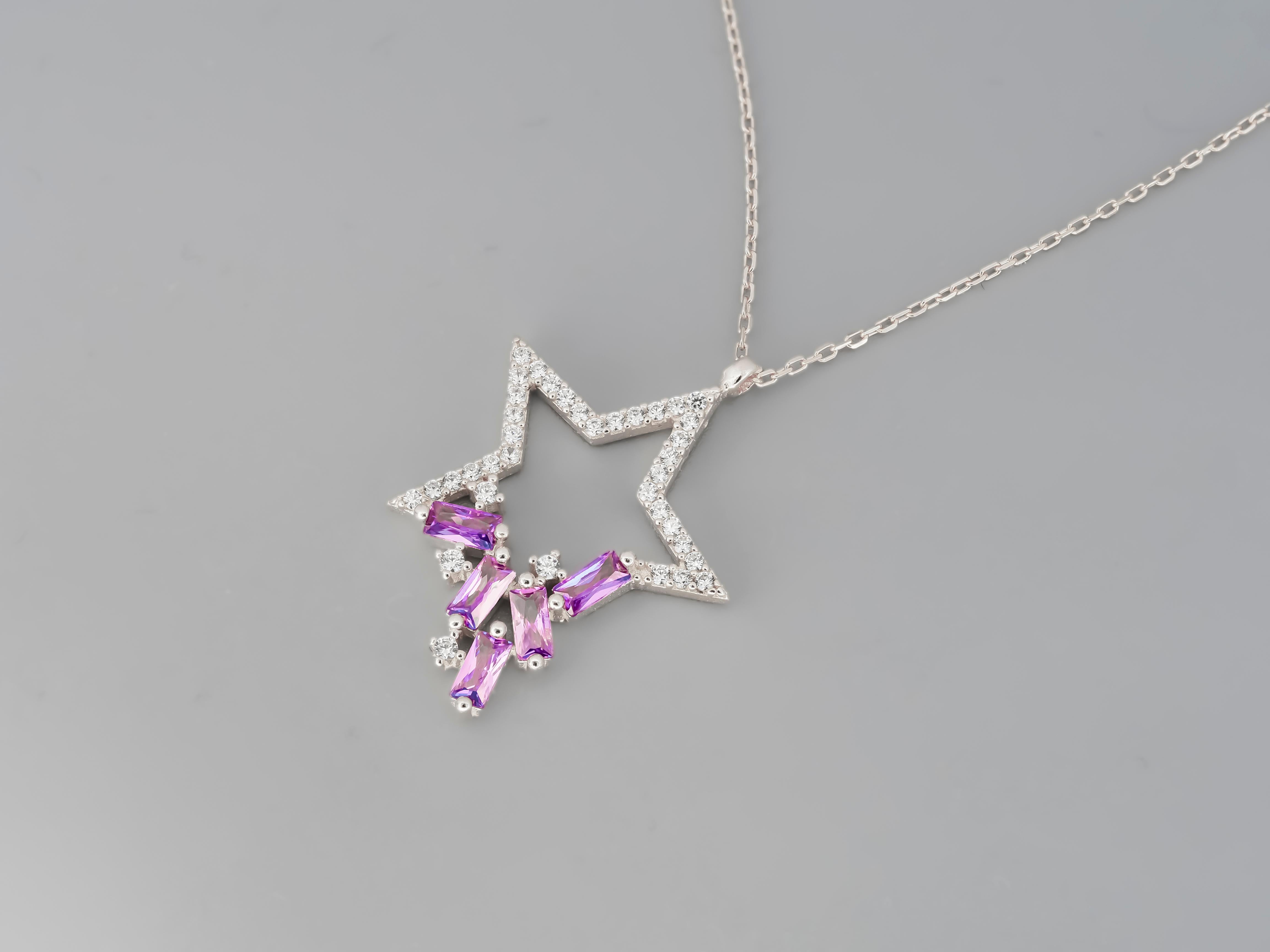 Star pendant necklace in 14k gold. 
Chain necklace with star pendant. 14k gold Star Pendant Necklace.

Metal: 14k gold. 
Necklace lenght - 45 sm.
Star pendant gemstones: colorless topazs, round brilliant cut
Baguette cut amethysts, light purple