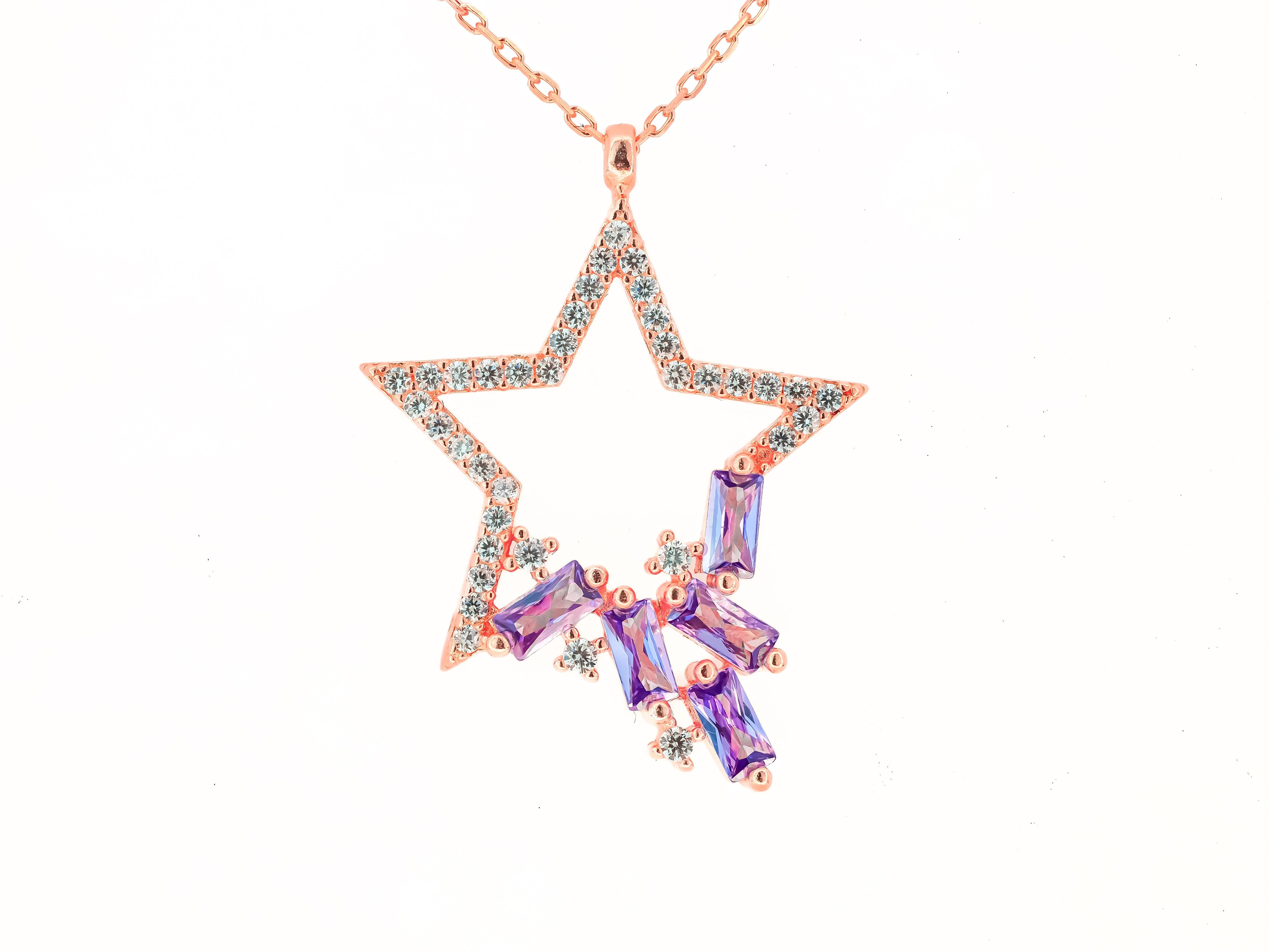 Modern Star Pendant Necklace with Diamonds and Amethysts in 14k Gold For Sale