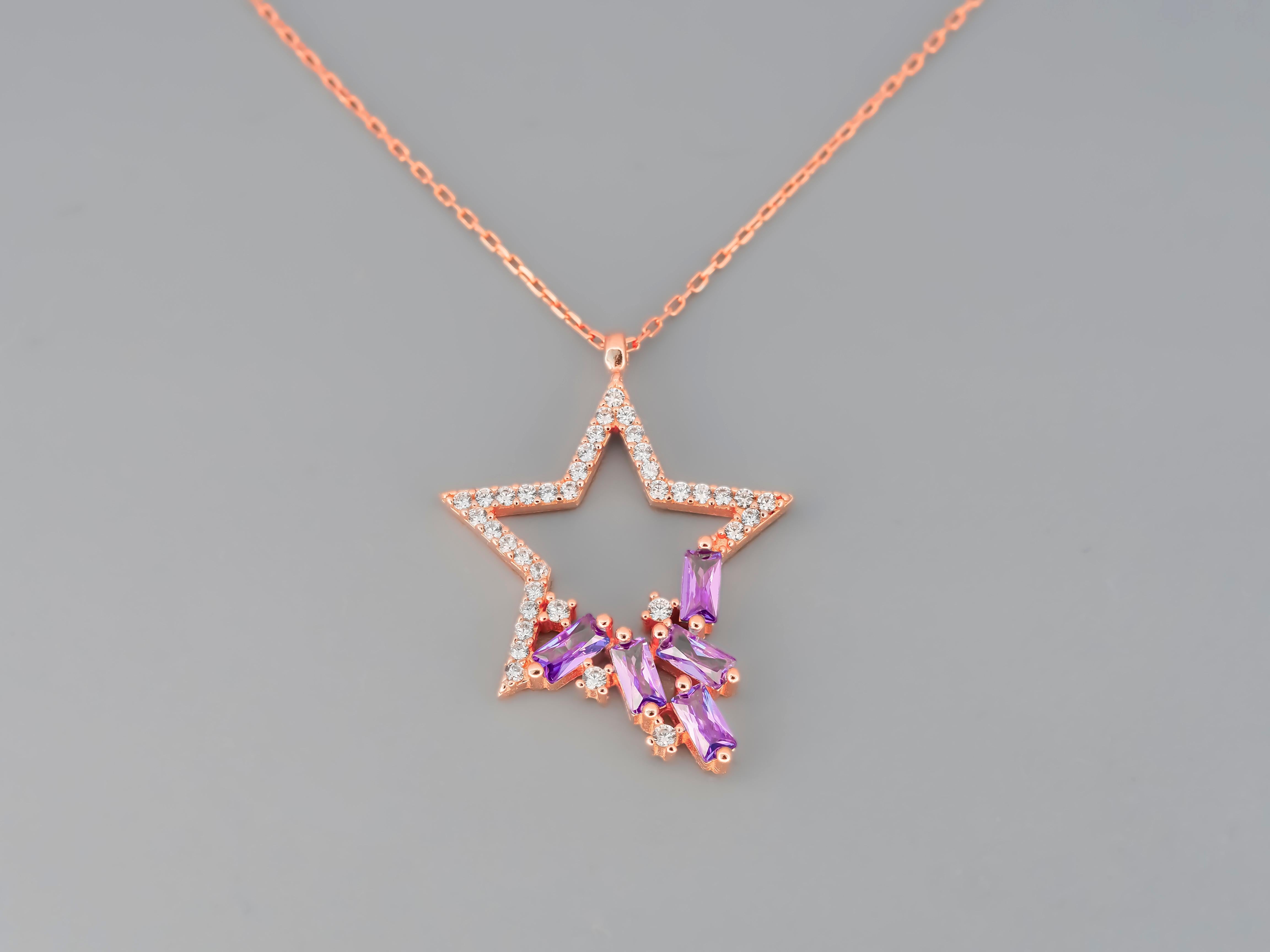 Baguette Cut Star Pendant Necklace with Diamonds and Amethysts in 14k Gold For Sale