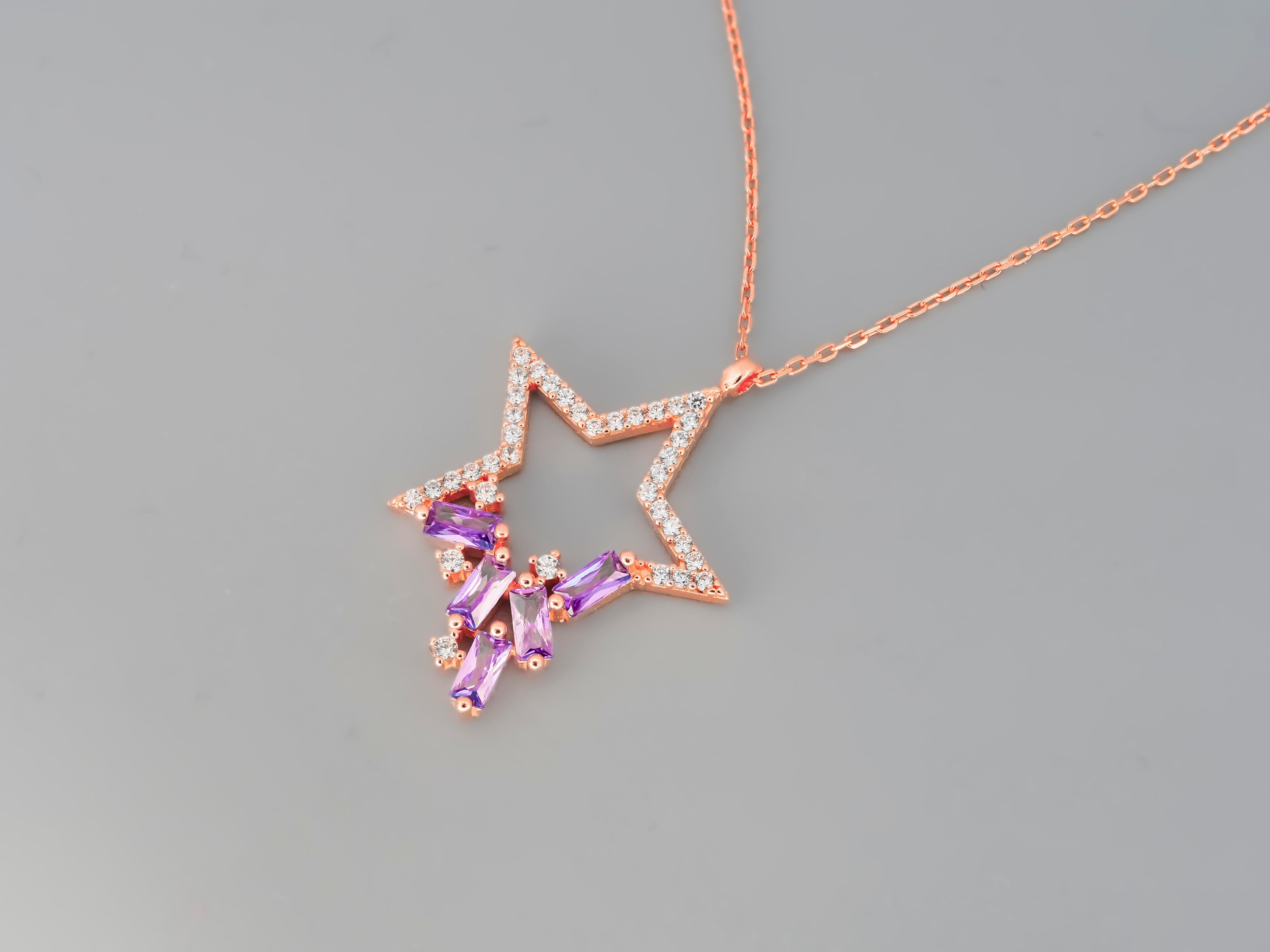 Star Pendant Necklace with Diamonds and Amethysts in 14k Gold In New Condition For Sale In Istanbul, TR